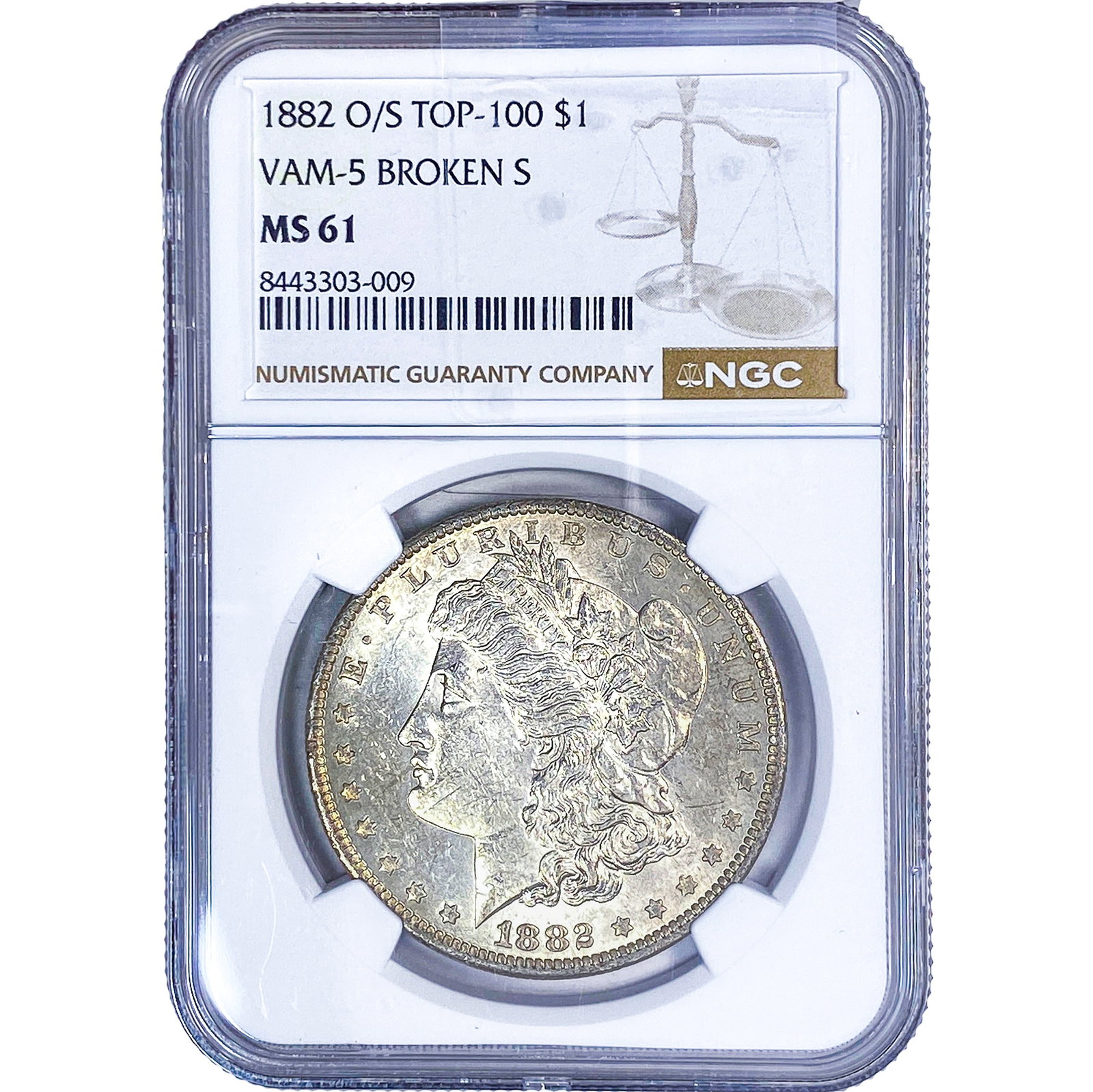 1882-O/S TOP-100 Morgan Silver Dollar NGC MS61 VAM-5 Broken S: 1882-O/S TOP-100 Morgan Silver Dollar NGC MS61 VAM-5 Broken S