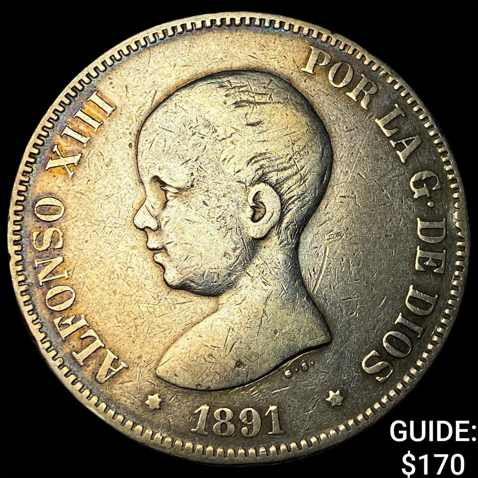 1891 FG Spain Silver 5 Pesetas: 1891 FG Spain Silver 5 Pesetas