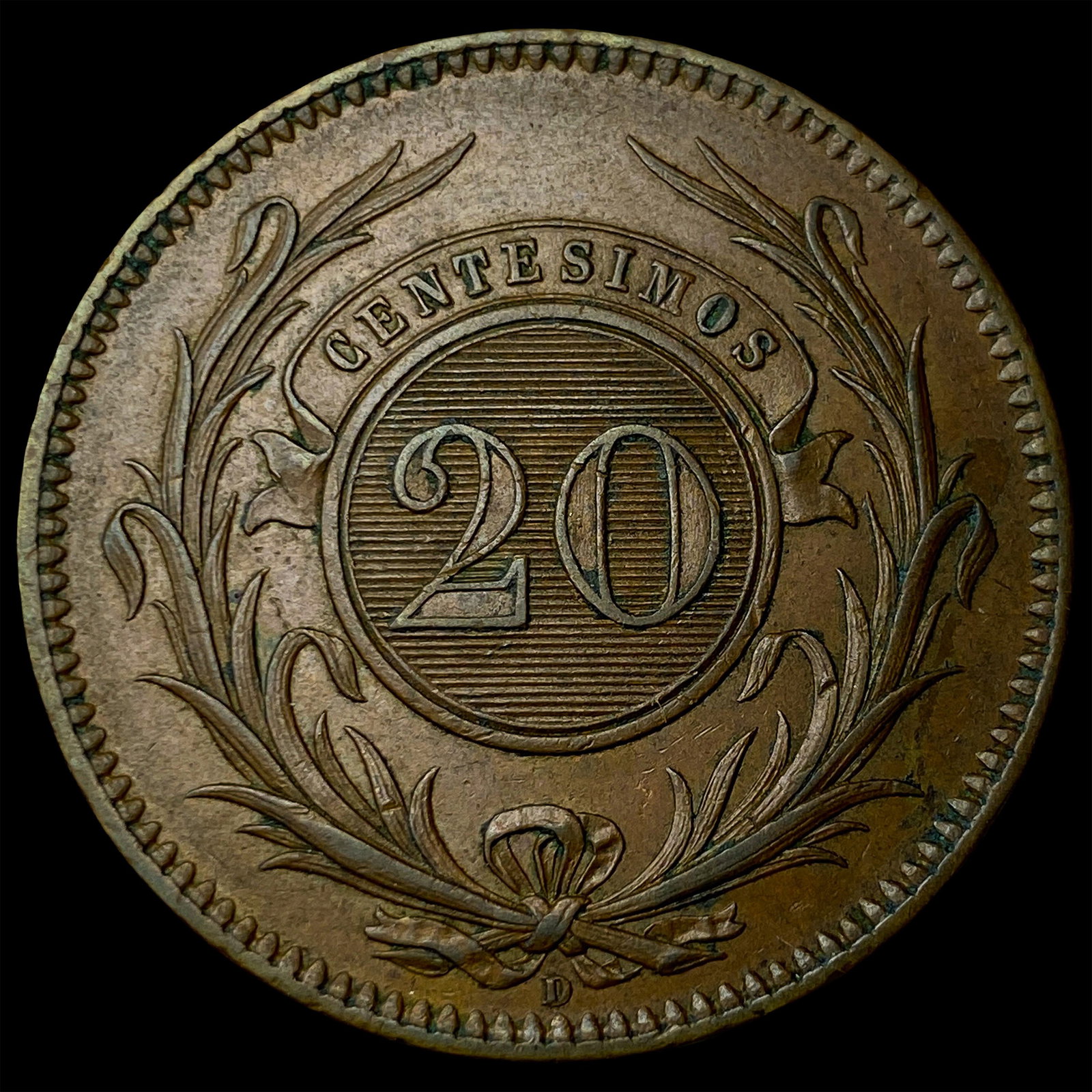 1857D Uruguay Copper 20 Centesimos - 2