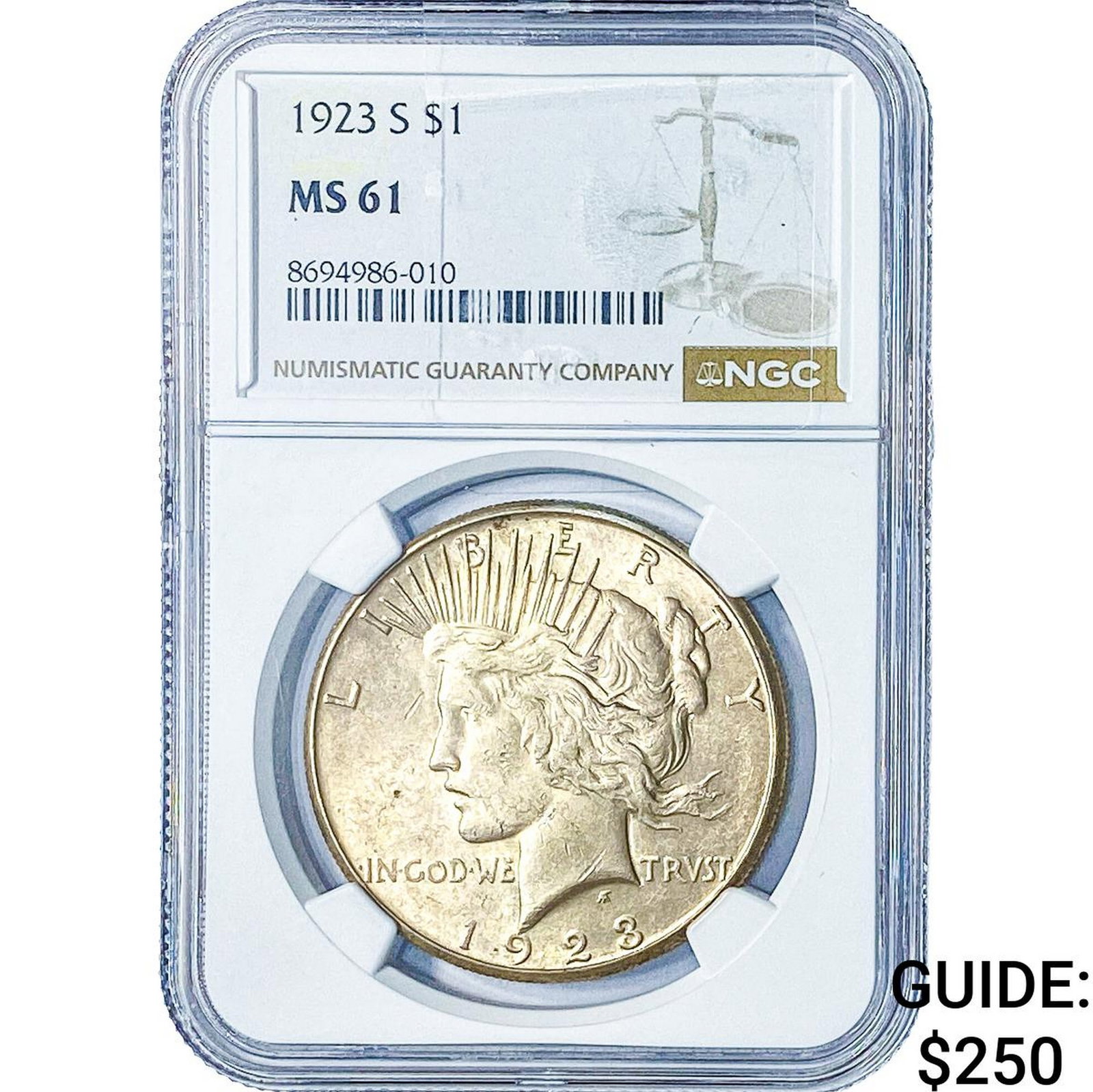 1923-S Silver Peace Dollar NGC MS61: 1923-S Silver Peace Dollar NGC MS61