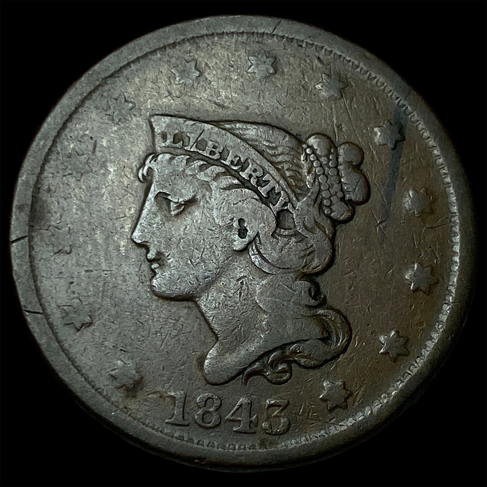 1843 Braided Hair Large Cent NEARLY UNCIRCULATED: 1843 Braided Hair Large Cent NEARLY UNCIRCULATED