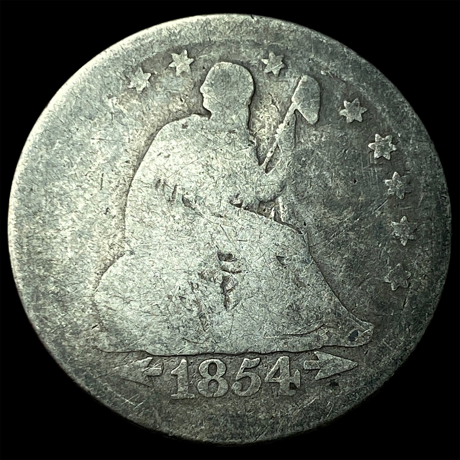 1854 Arrows Seated Liberty Silver Quarter NICELY CIRCULATED: 1854 Arrows Seated Liberty Silver Quarter NICELY CIRCULATED