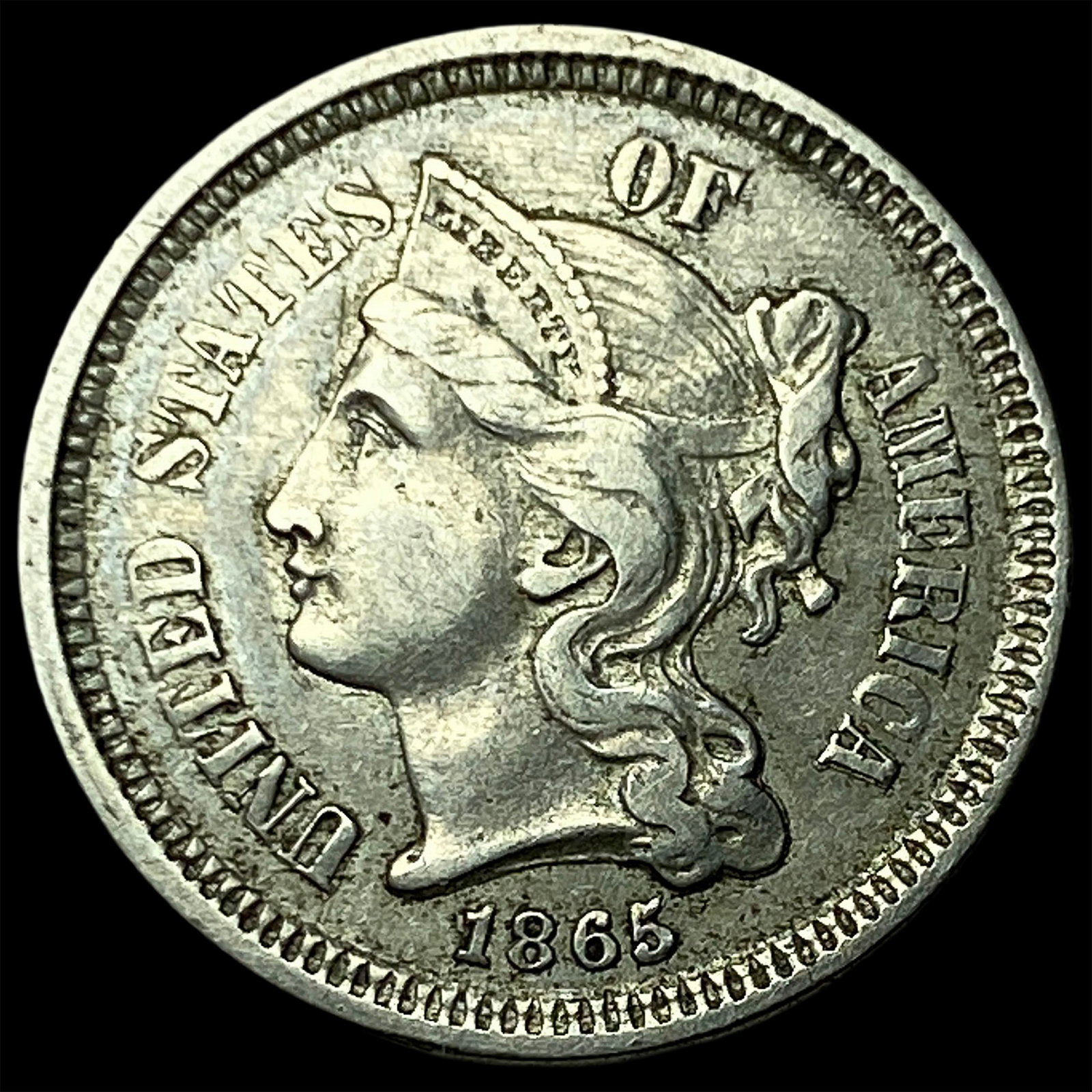 1865 Nickel Three-Cent Piece NEARLY UNCIRCULATED: 1865 Nickel Three-Cent Piece NEARLY UNCIRCULATED