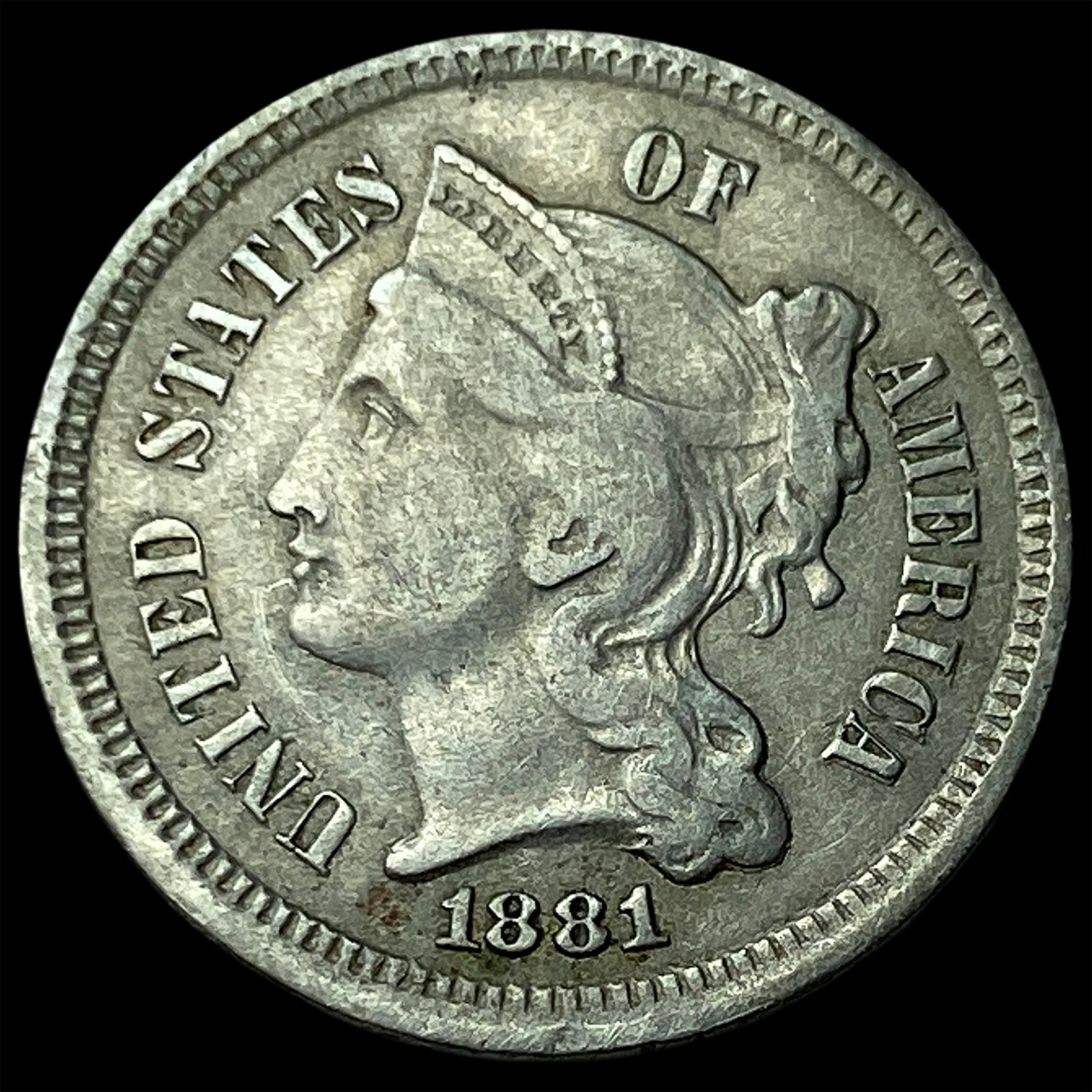 1881 Nickel Three-Cent Piece NEARLY UNCIRCULATED: 1881 Nickel Three-Cent Piece NEARLY UNCIRCULATED