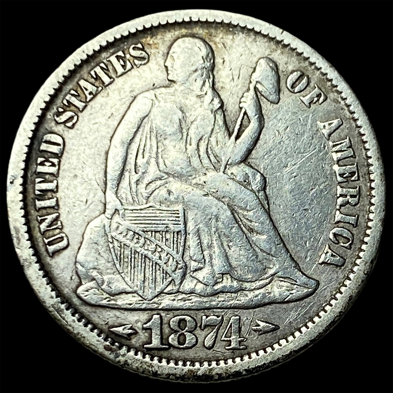1874 Silver Seated Liberty Dime NEARLY UNCIRCULATED: 1874 Silver Seated Liberty Dime NEARLY UNCIRCULATED