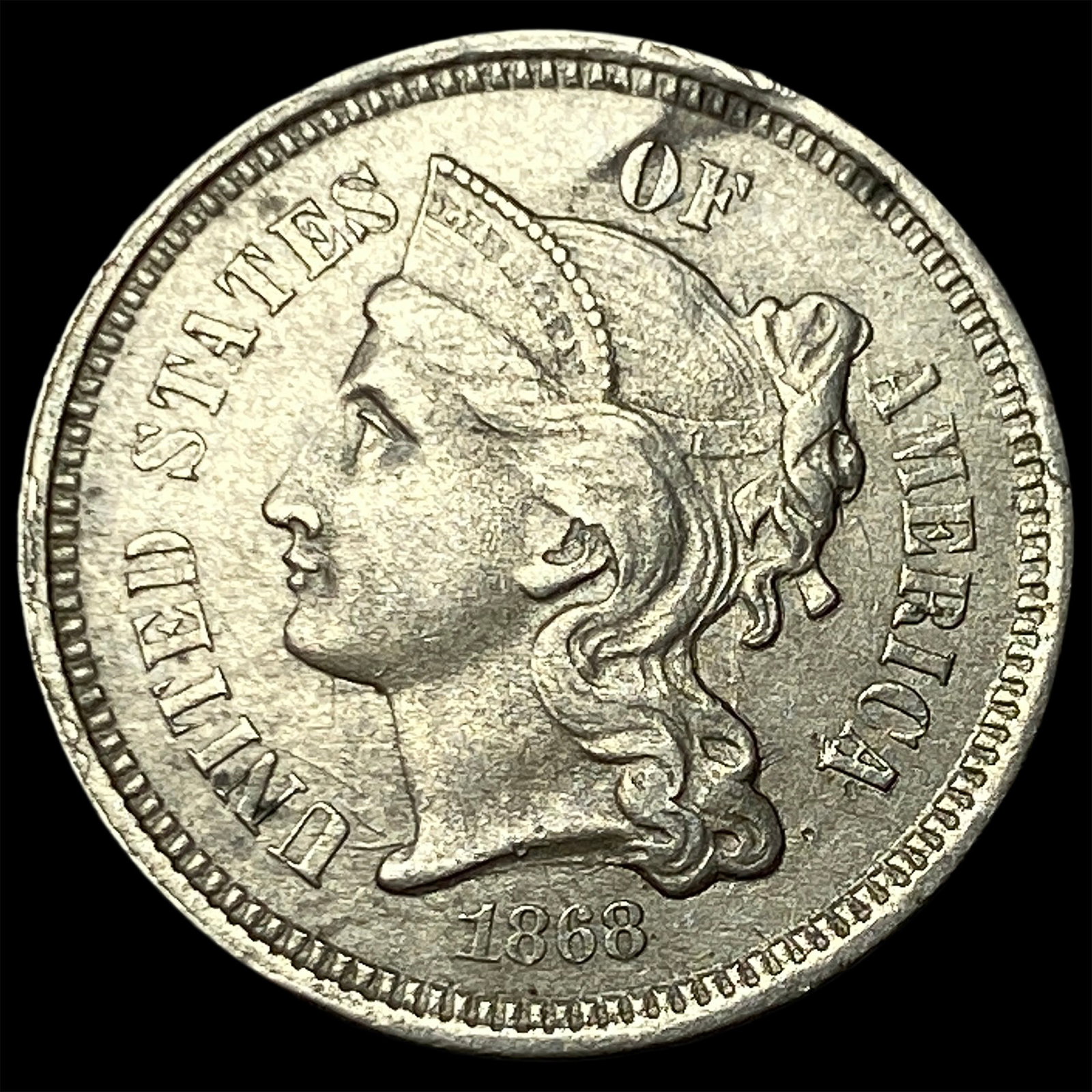 1868 Nickel Three-Cent Piece CLOSELY UNCIRCULATED: 1868 Nickel Three-Cent Piece CLOSELY UNCIRCULATED