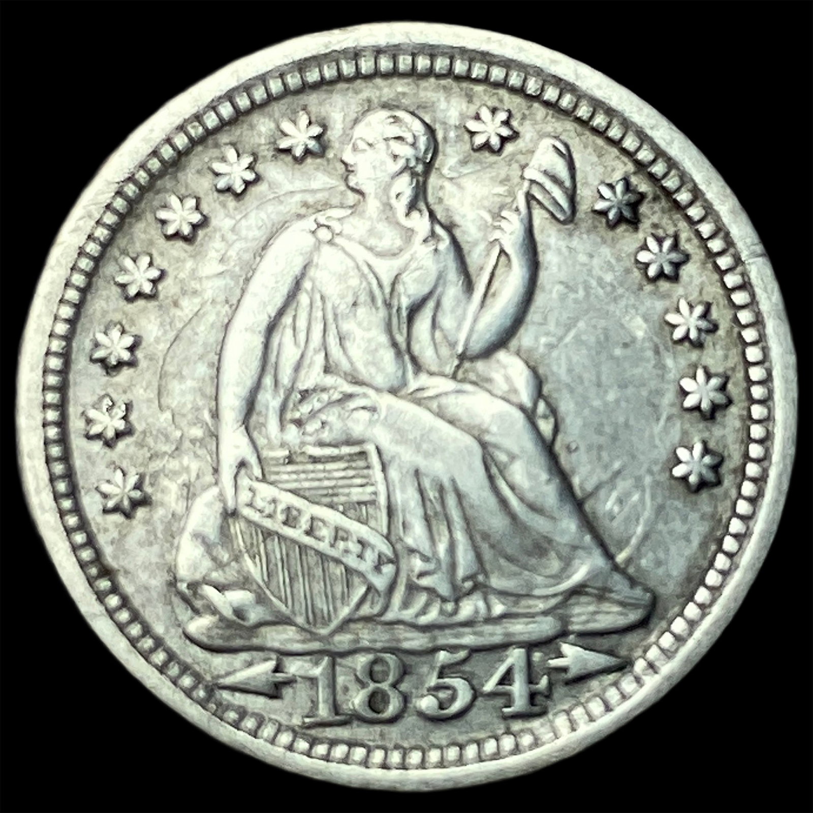 1854 Arrows Seated Liberty Half Dime CLOSELY UNCIRCULATED: 1854 Arrows Seated Liberty Half Dime CLOSELY UNCIRCULATED