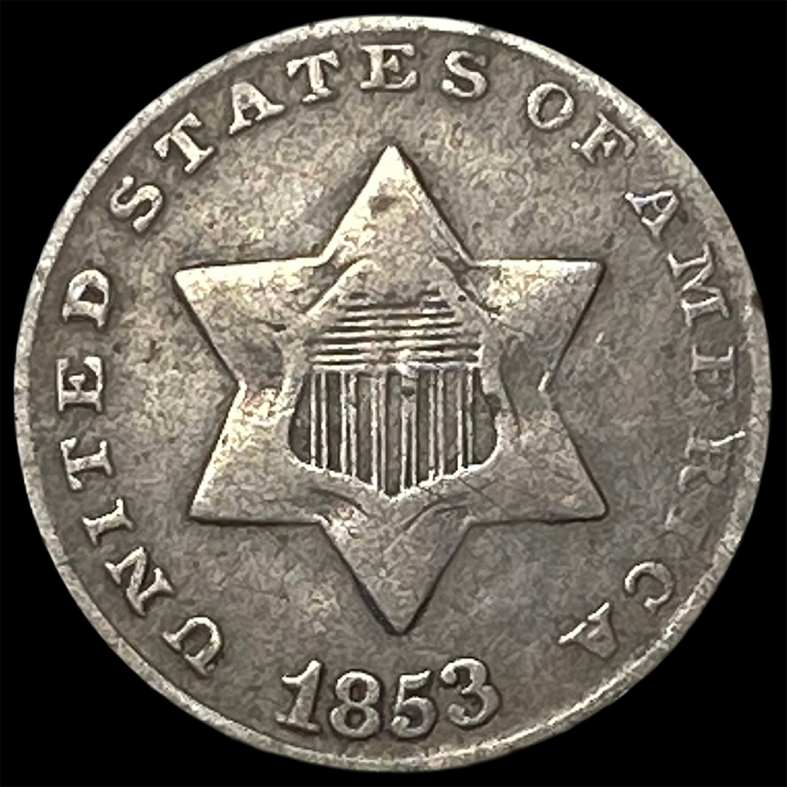 1853 Silver Three-Cent Piece NEARLY UNCIRCULATED: 1853 Silver Three-Cent Piece NEARLY UNCIRCULATED