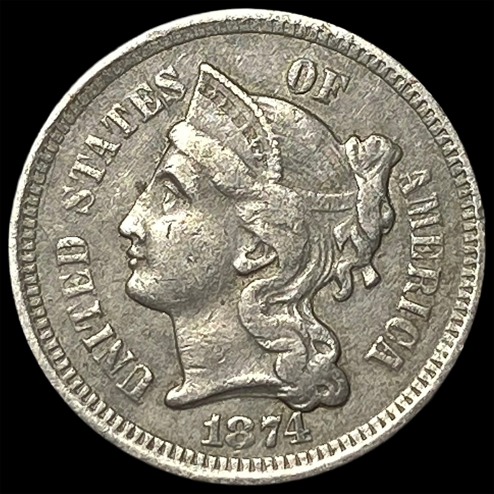 1874 Nickel Three-Cent Piece NEARLY UNCIRCULATED: 1874 Nickel Three-Cent Piece NEARLY UNCIRCULATED