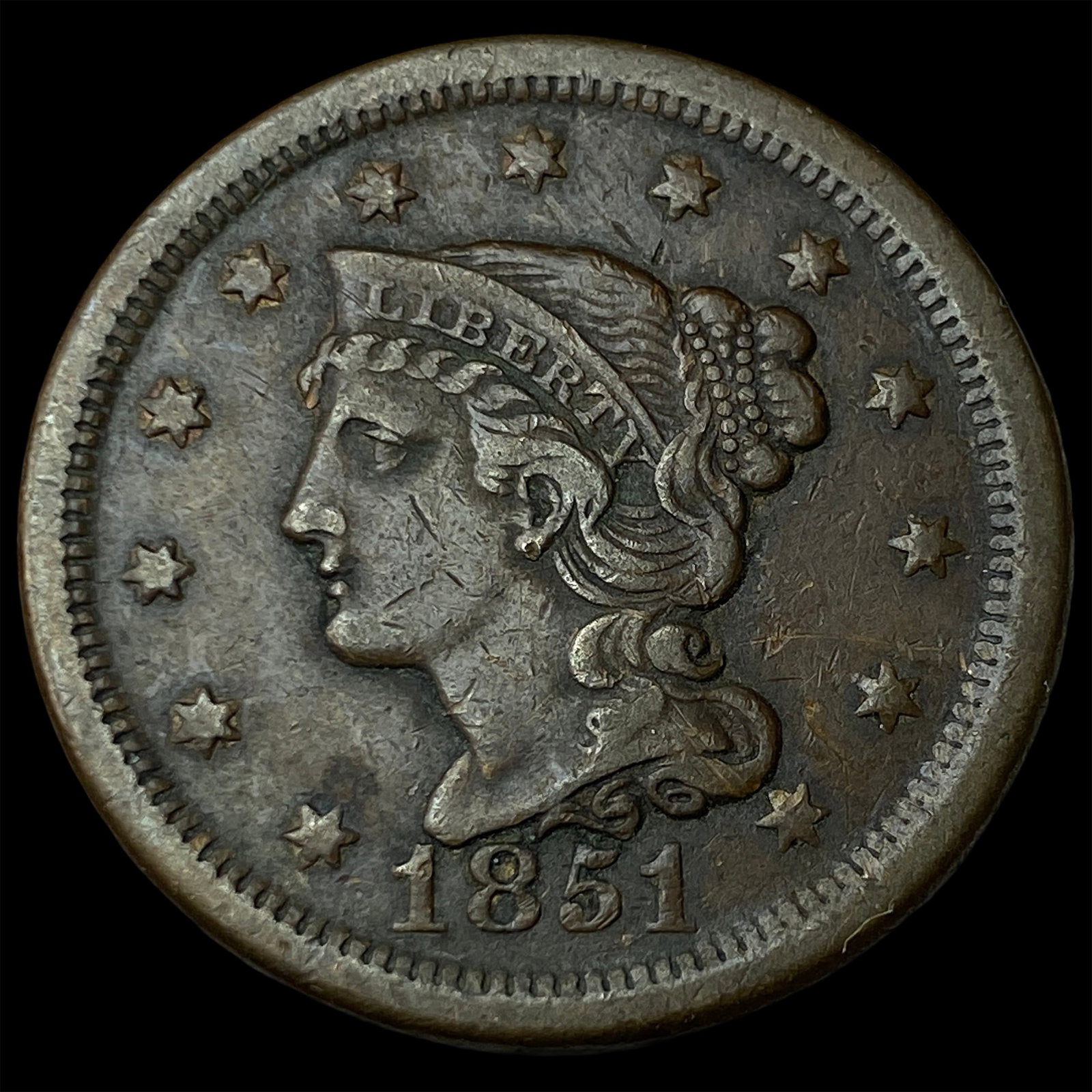 1851 Braided Hair Large Cent NEARLY UNCIRCULATED (1 of 2)