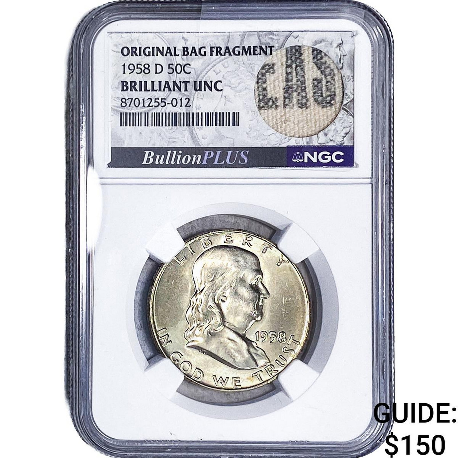 1958-D Franklin Half Dollar NGC BU Orig. Bag. Frag.: 1958-D Franklin Half Dollar NGC BU Orig. Bag. Frag.