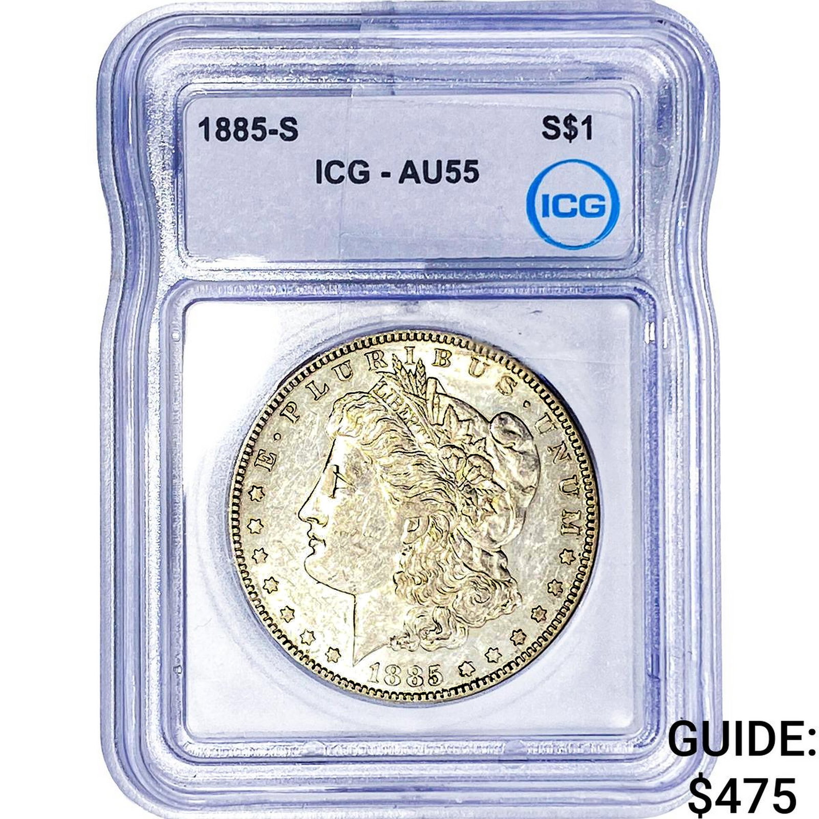 1885-S Morgan Silver Dollar ICG AU55: 1885-S Morgan Silver Dollar ICG AU55