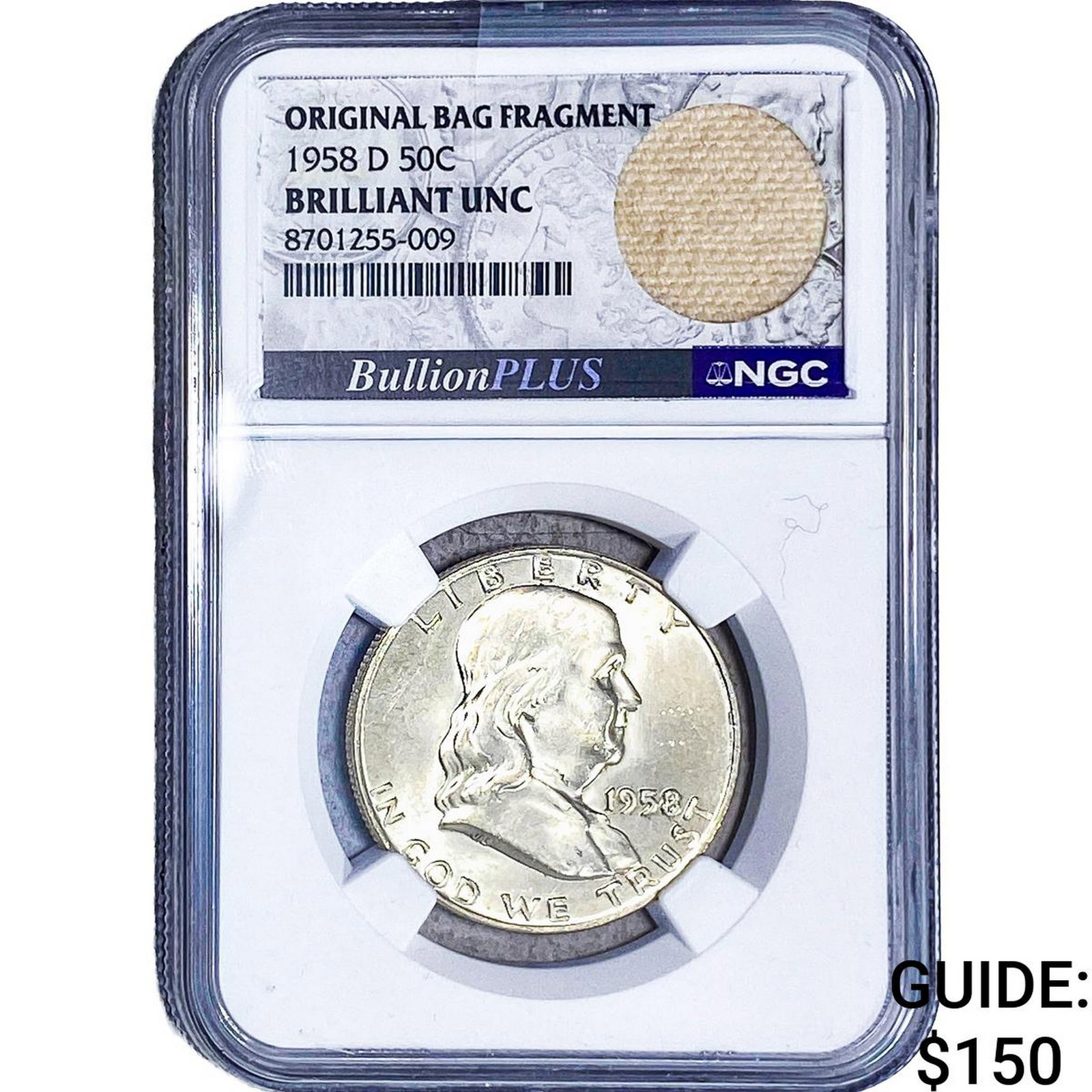 1958-D Franklin Half Dollar NGC BU Orig. Bag. Frag.: 1958-D Franklin Half Dollar NGC BU Orig. Bag. Frag.