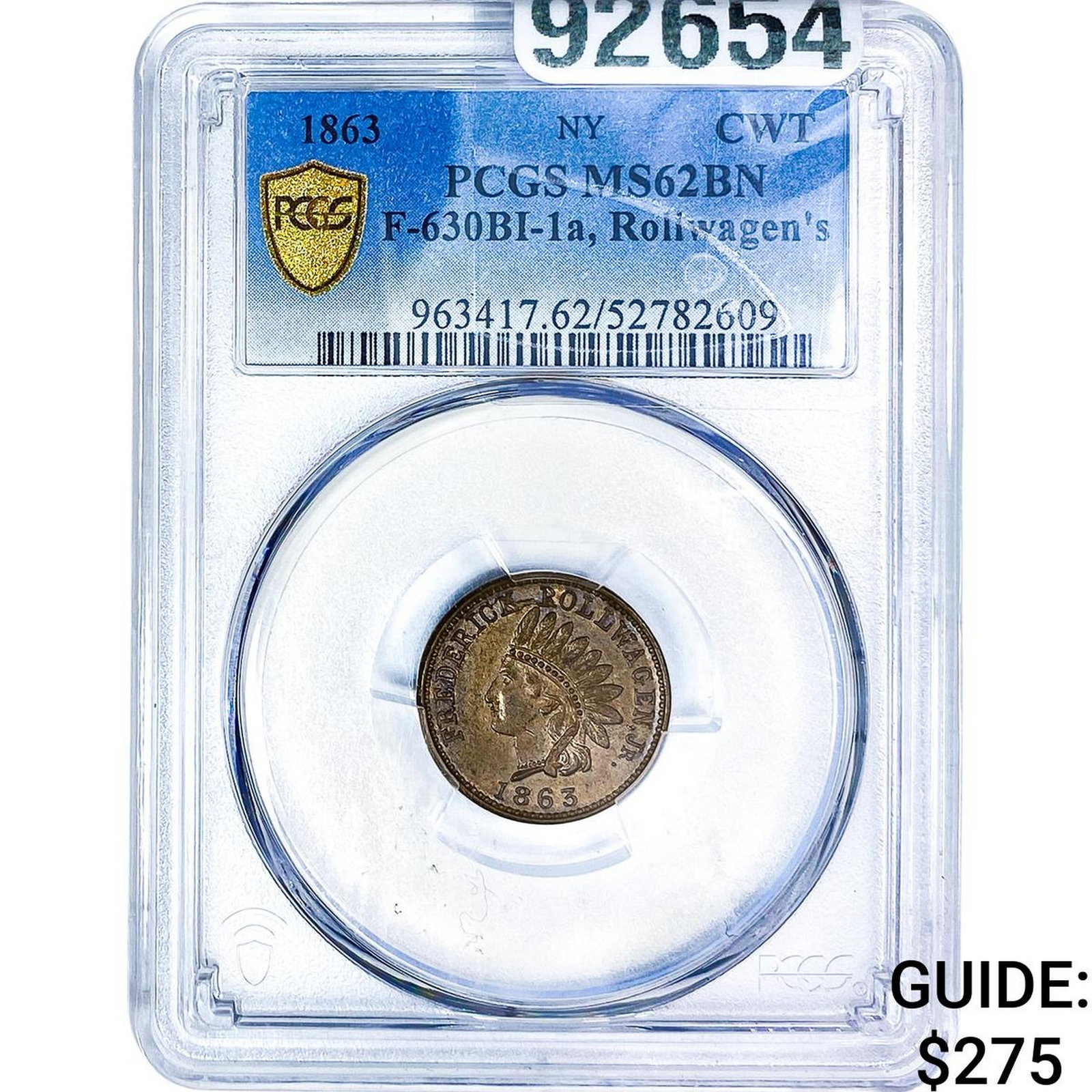 1863 N.Y. Civil War Token Rollwagen's PCGS MS62 BN (1 of 2)