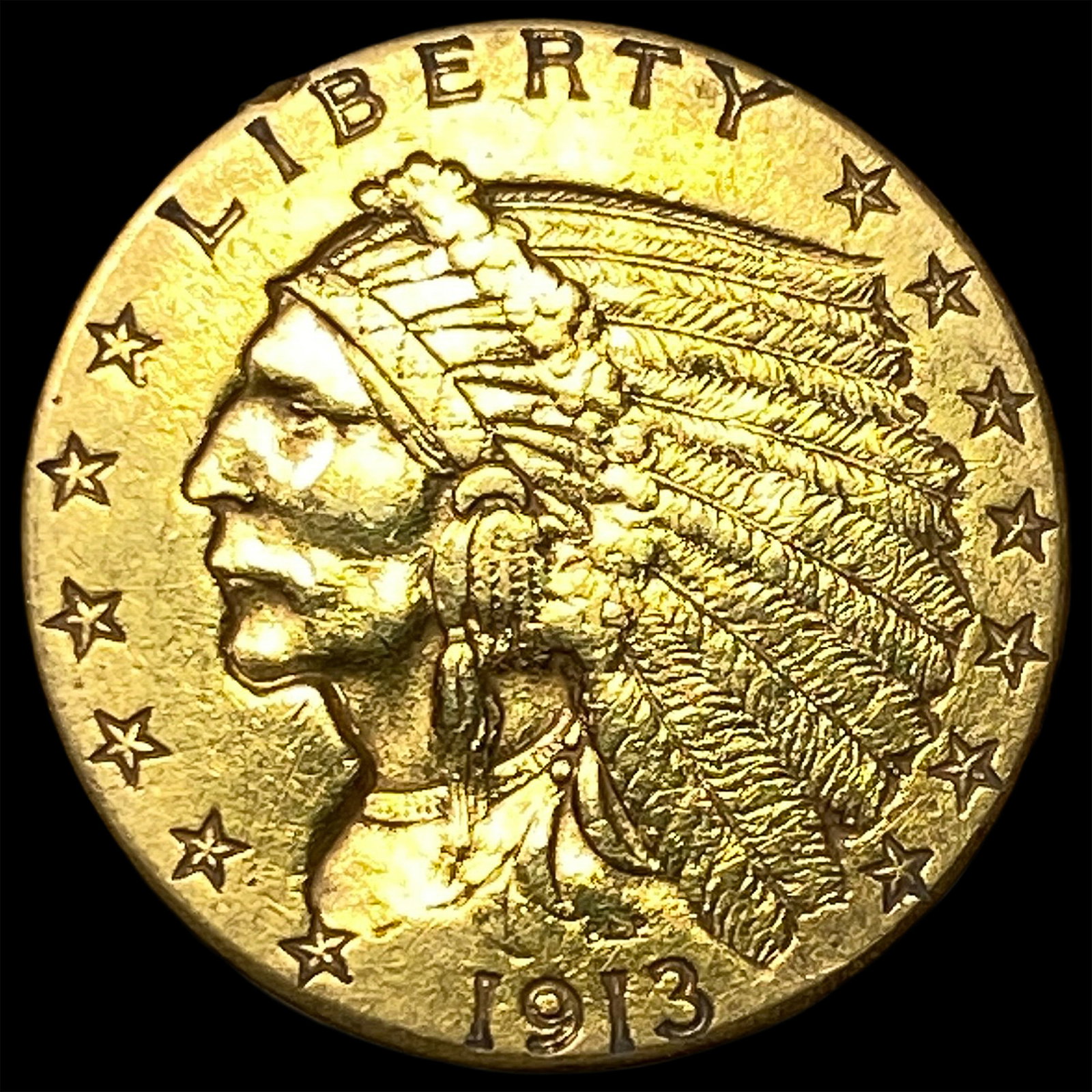 1913 Indian Head Gold $2.5 Quarter Eagle CLOSELY UNCIRCULATED: 1913 Indian Head Gold $2.5 Quarter Eagle CLOSELY UNCIRCULATED