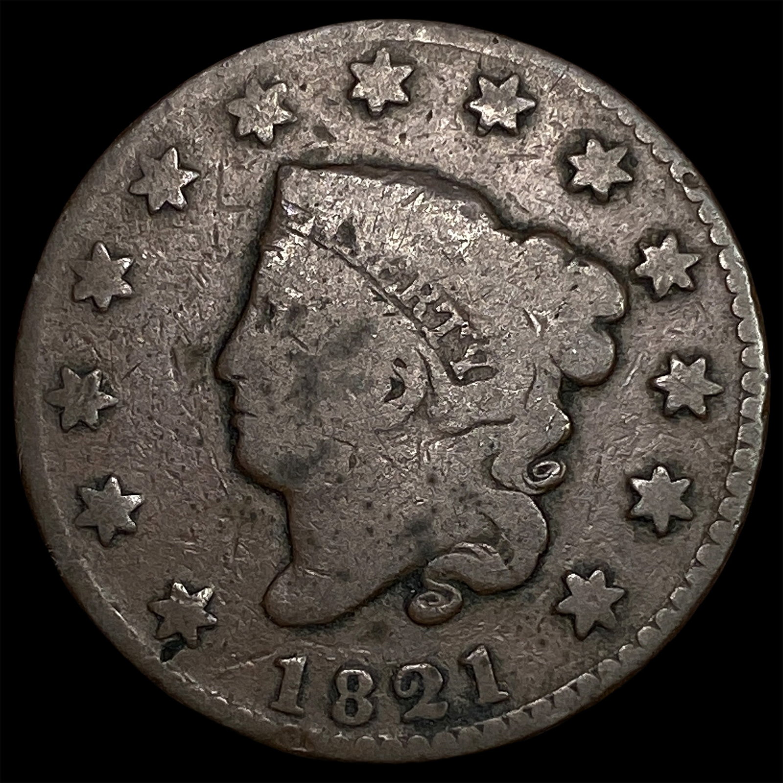 1821 Coronet Head Large Cent NICELY CIRCULATED: 1821 Coronet Head Large Cent NICELY CIRCULATED