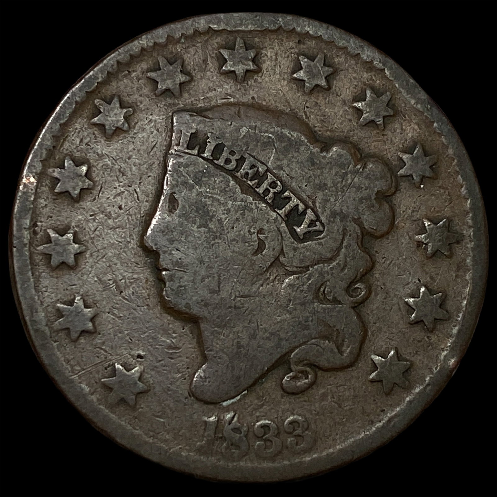1833 Coronet Head Large Cent NICELY CIRCULATED: 1833 Coronet Head Large Cent NICELY CIRCULATED