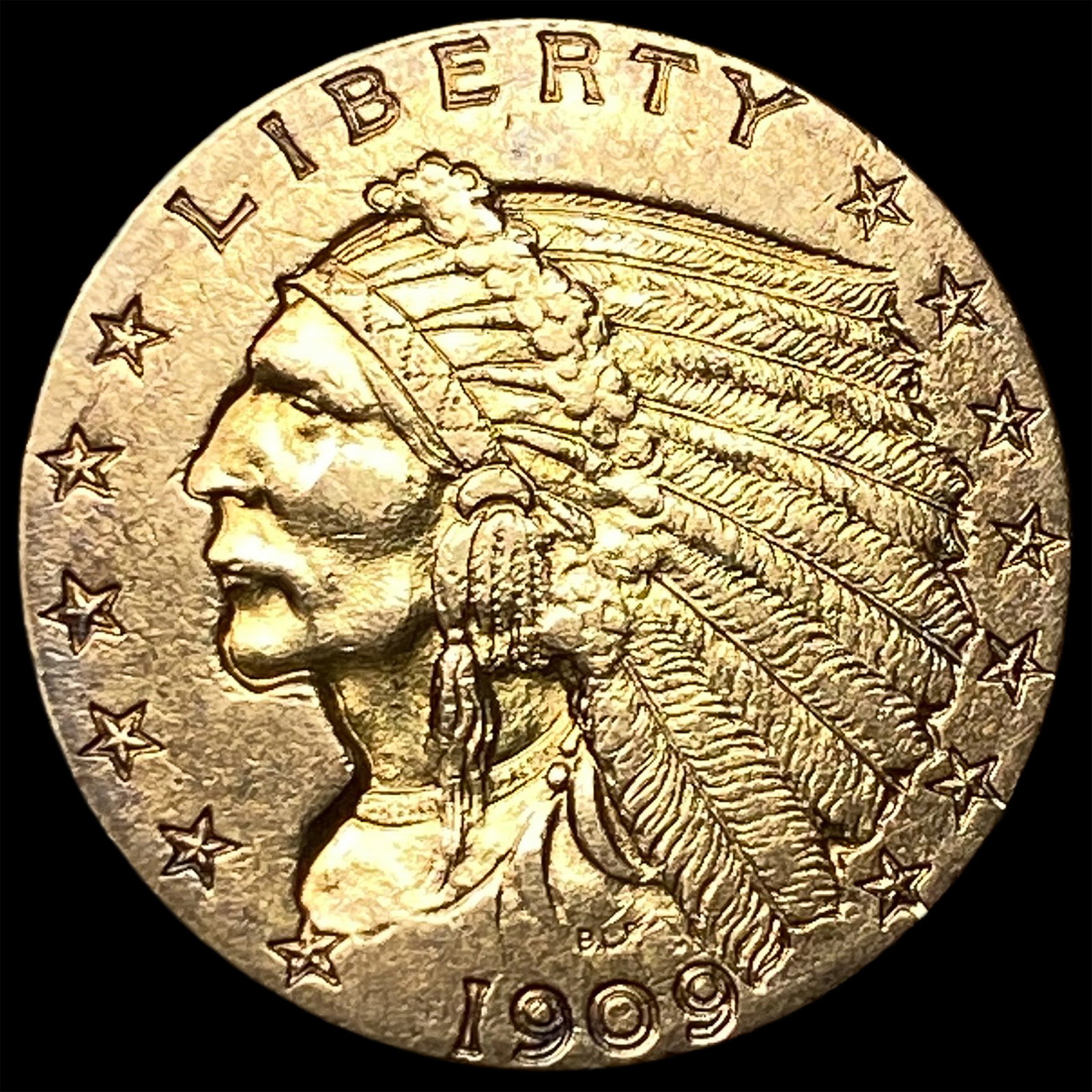 1909 Indian Head Gold $2.5 Quarter Eagle CLOSELY UNCIRCULATED: 1909 Indian Head Gold $2.5 Quarter Eagle CLOSELY UNCIRCULATED