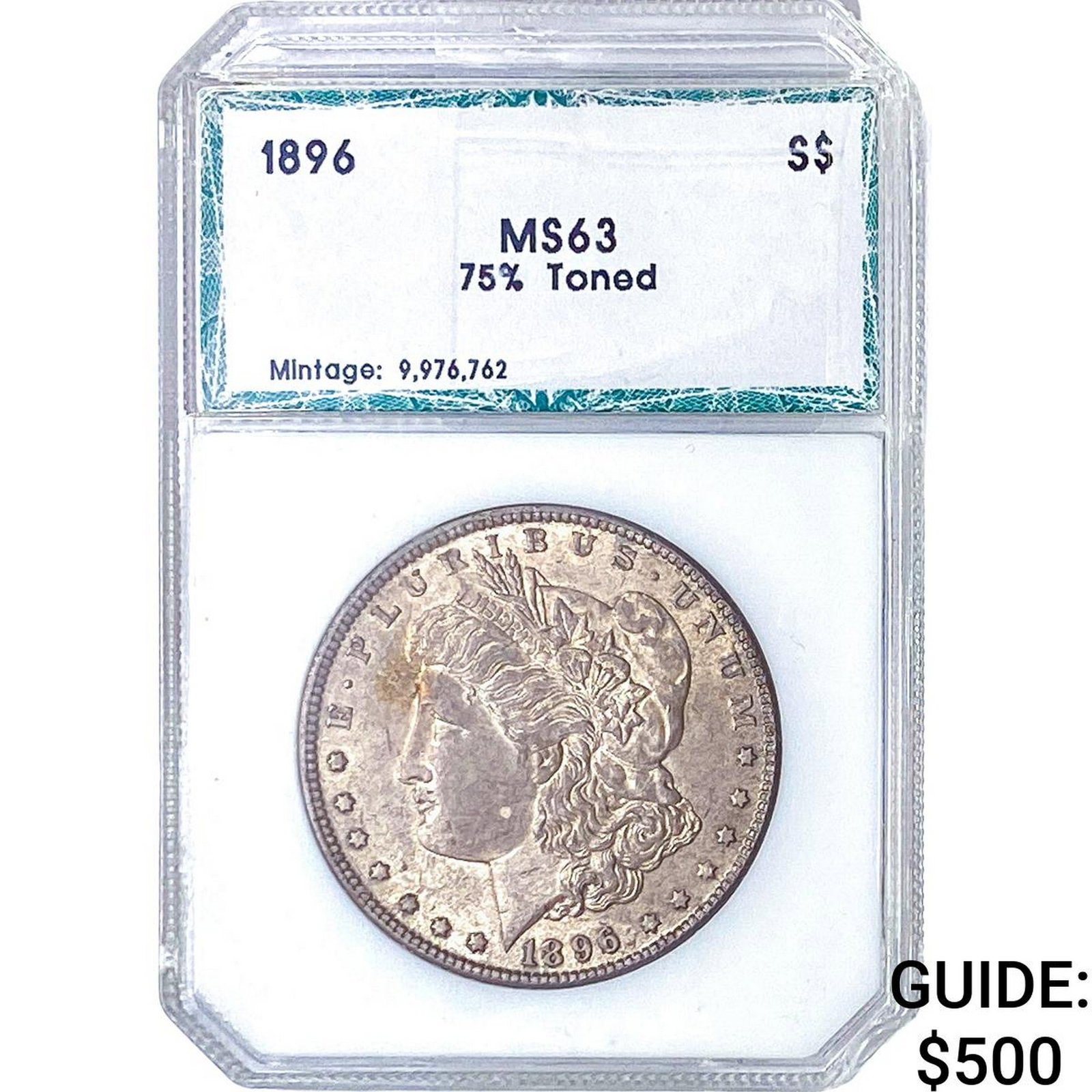 1896 Morgan Silver Dollar PCI MS63 75% Toned: 1896 Morgan Silver Dollar PCI MS63 75% Toned