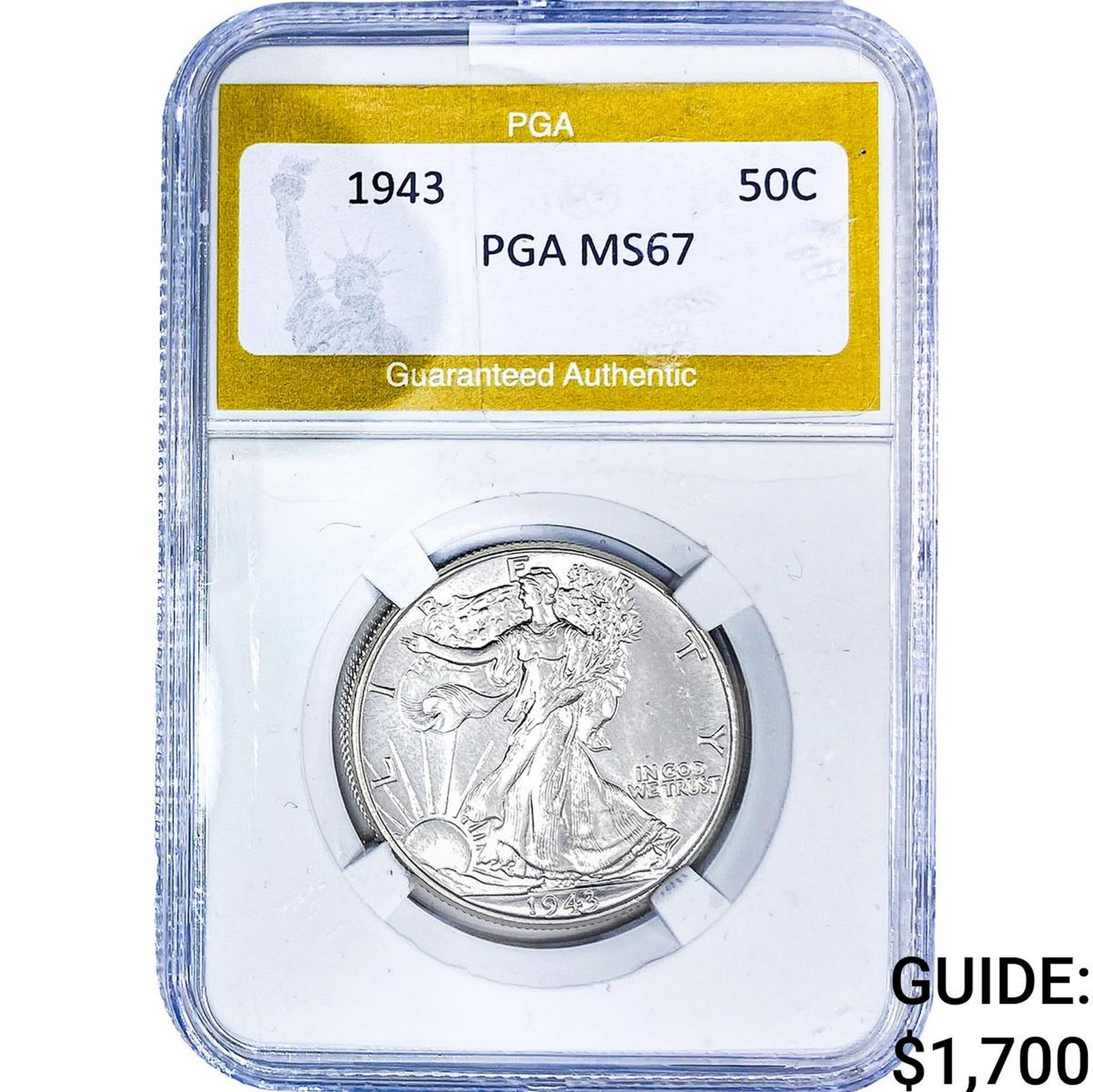 1943 Walking Liberty Half Dollar PGA MS67: 1943 Walking Liberty Half Dollar PGA MS67