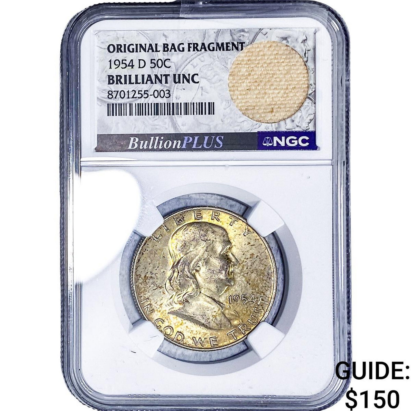 1954-D Franklin Half Dollar NGC BU Orig. Bag Frag.: 1954-D Franklin Half Dollar NGC BU Orig. Bag Frag.