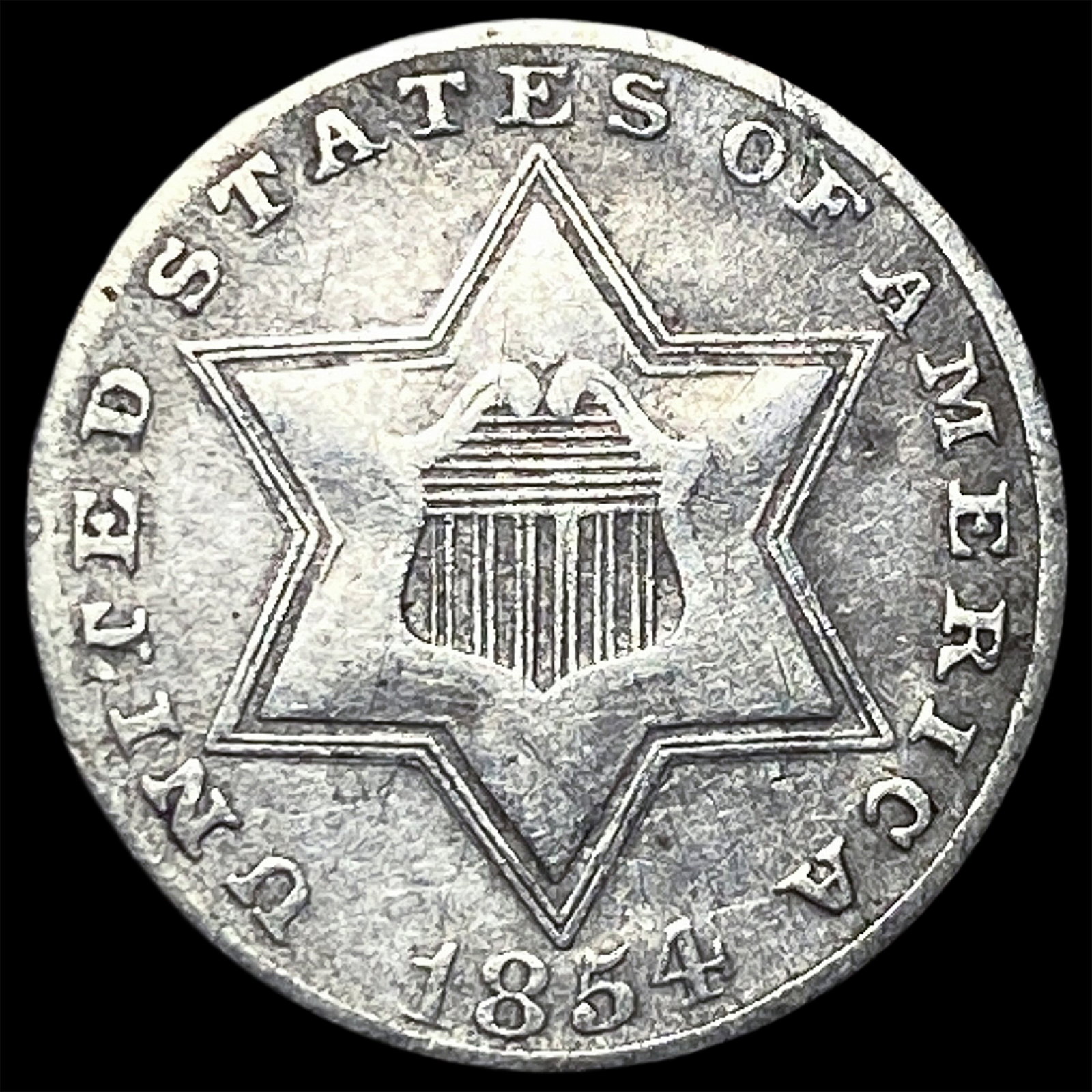 1854 Silver Three-Cent Piece NEARLY UNCIRCULATED: 1854 Silver Three-Cent Piece NEARLY UNCIRCULATED