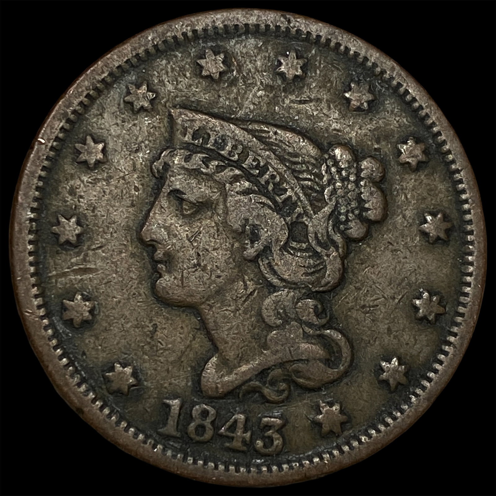 1843 Braided Hair Large Cent LIGHTLY CIRCULATED: 1843 Braided Hair Large Cent LIGHTLY CIRCULATED