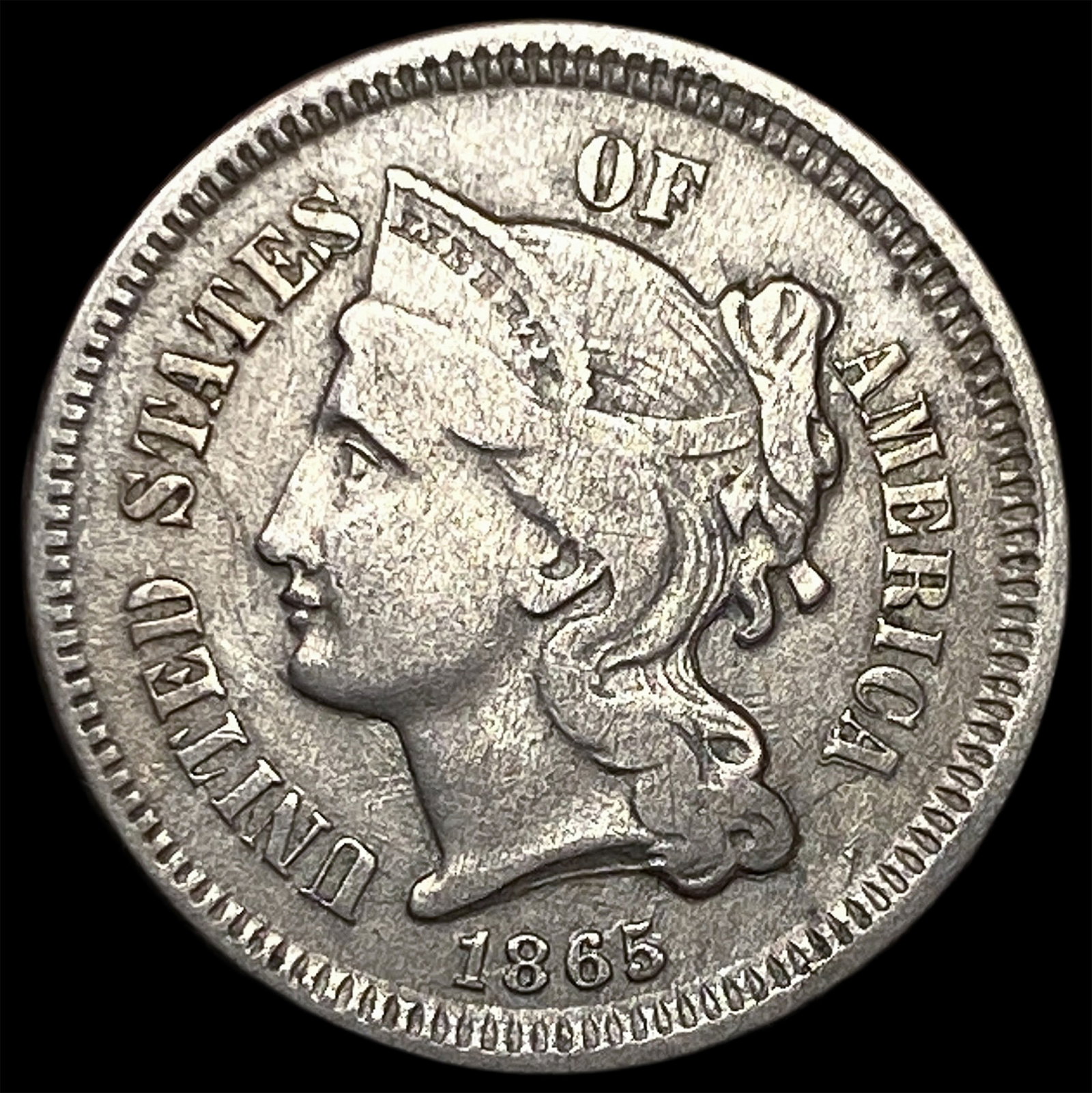 1865 Nickel Three-Cent Piece NEARLY UNCIRCULATED: 1865 Nickel Three-Cent Piece NEARLY UNCIRCULATED
