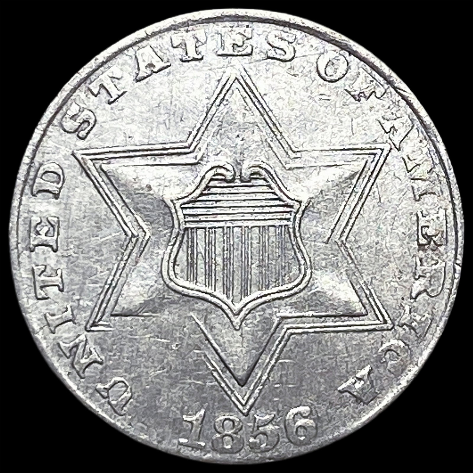 1856 Silver Three-Cent Piece CLOSELY UNCIRCULATED: 1856 Silver Three-Cent Piece CLOSELY UNCIRCULATED