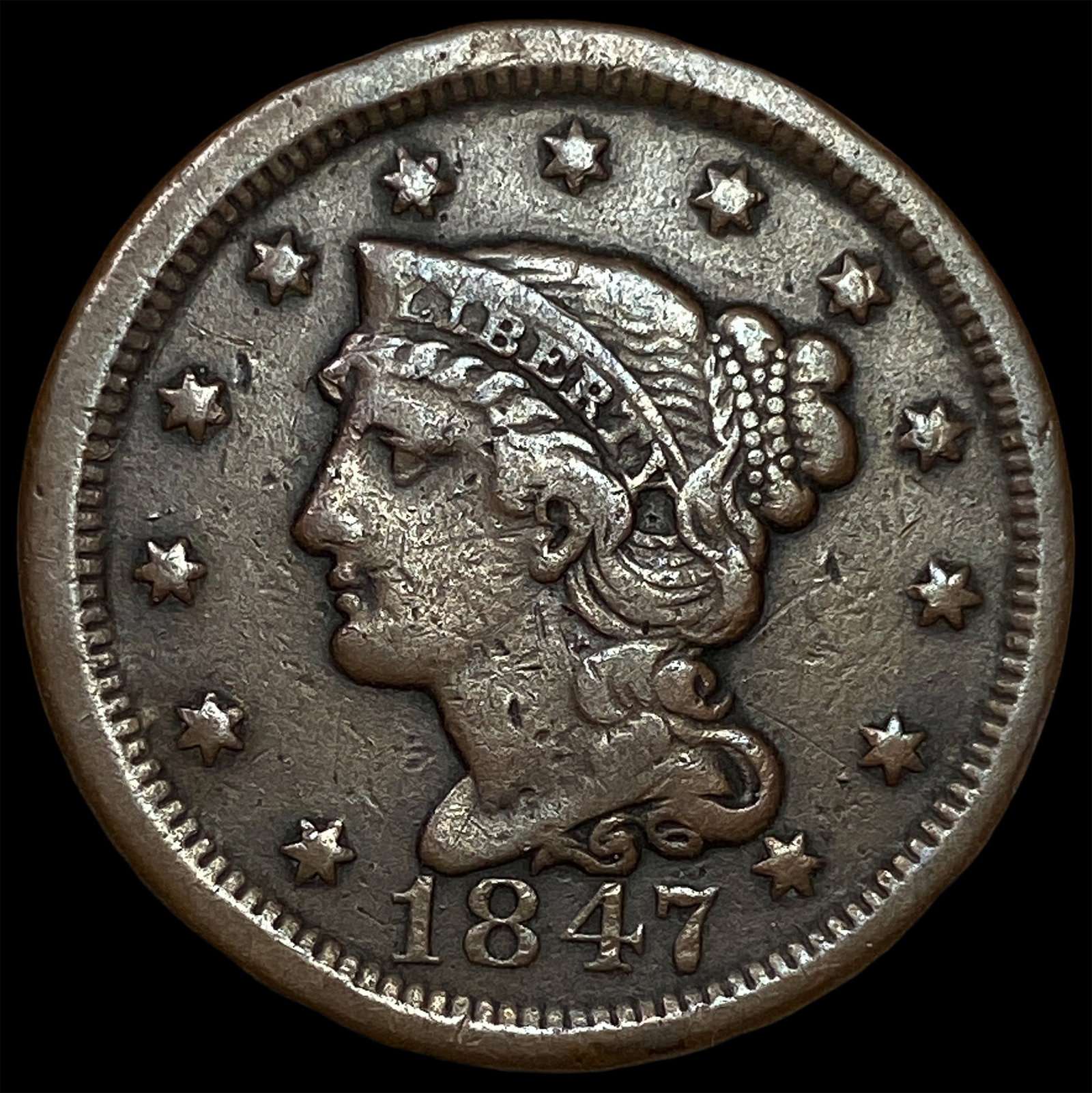 1847 Braided Hair Large Cent LIGHTLY CIRCULATED (1 of 2)