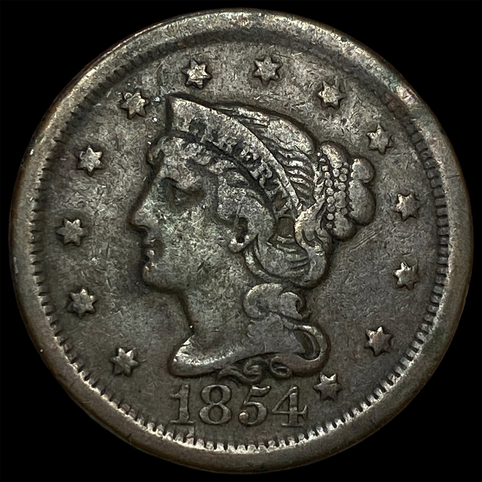 1854 Braided Hair Large Cent LIGHTLY CIRCULATED: 1854 Braided Hair Large Cent LIGHTLY CIRCULATED