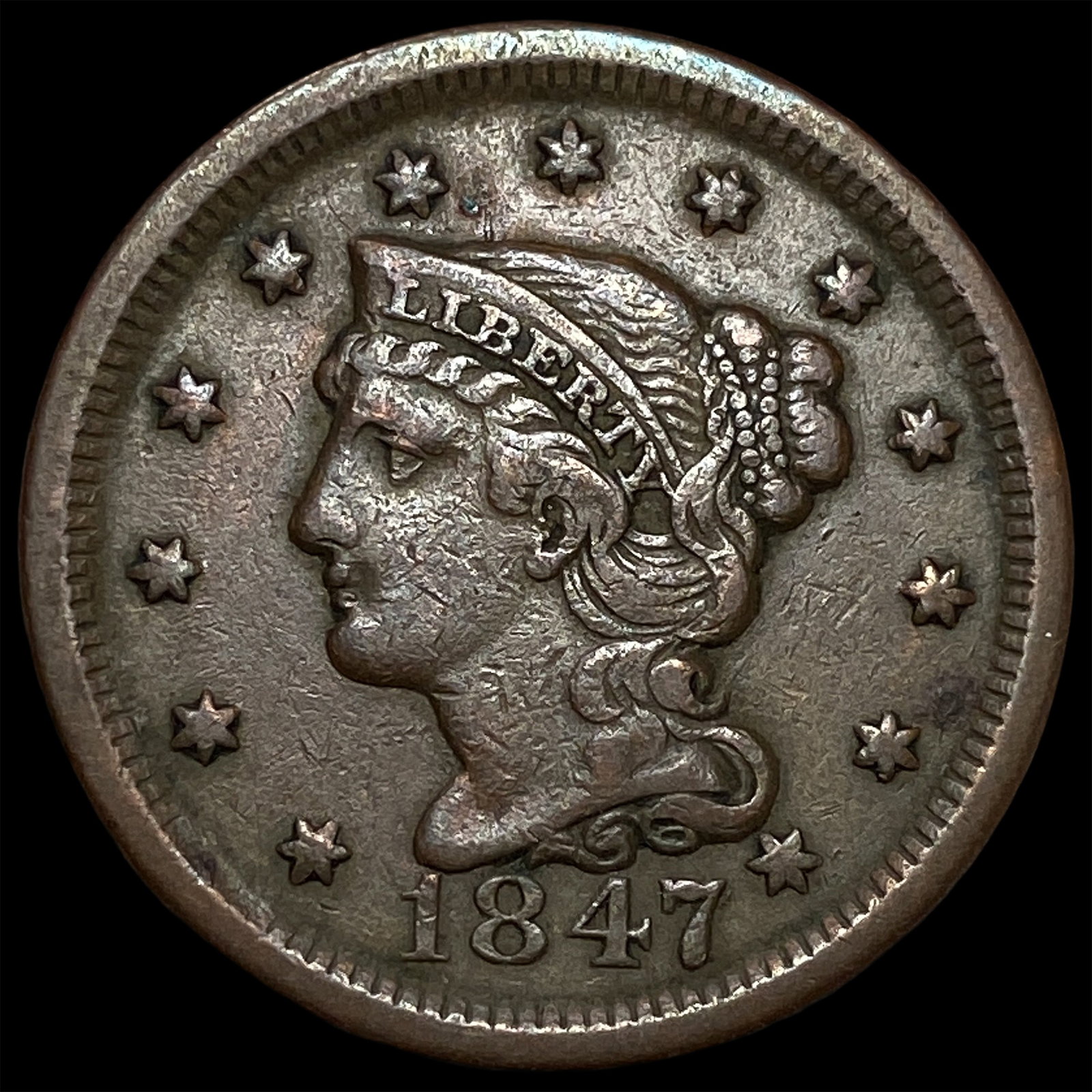 1847 Braided Hair Large Cent NEARLY UNCIRCULATED: 1847 Braided Hair Large Cent NEARLY UNCIRCULATED