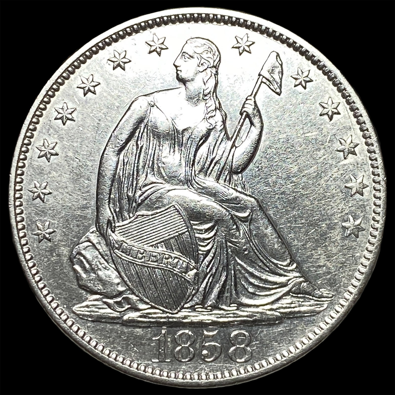 1858-O Silver Seated Liberty Half Dollar CHOICE AU: 1858-O Silver Seated Liberty Half Dollar CHOICE AU