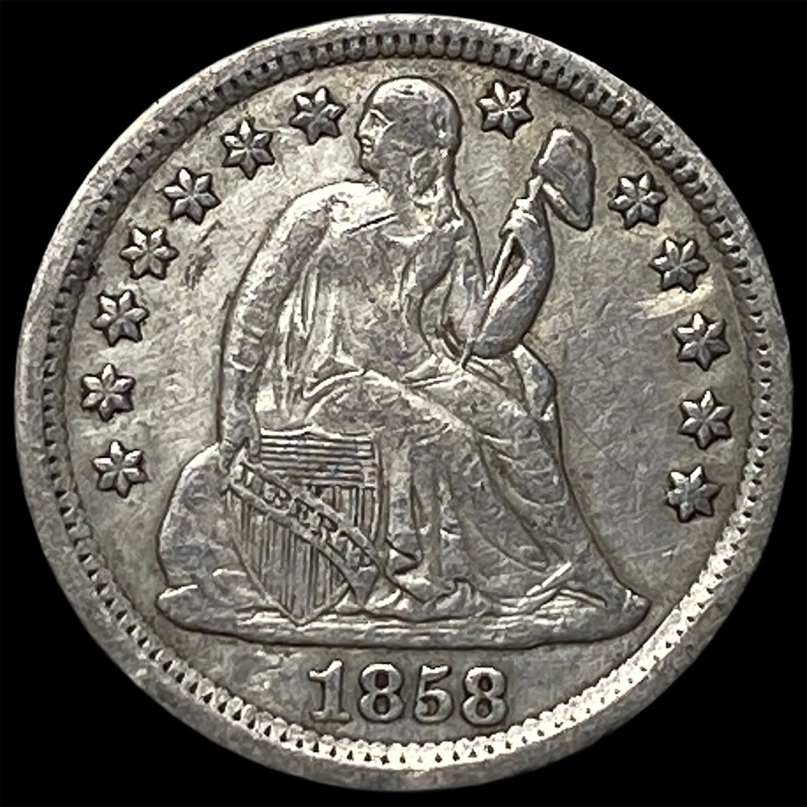 1858 Silver Seated Liberty Dime CLOSELY UNCIRCULATED (1 of 2)