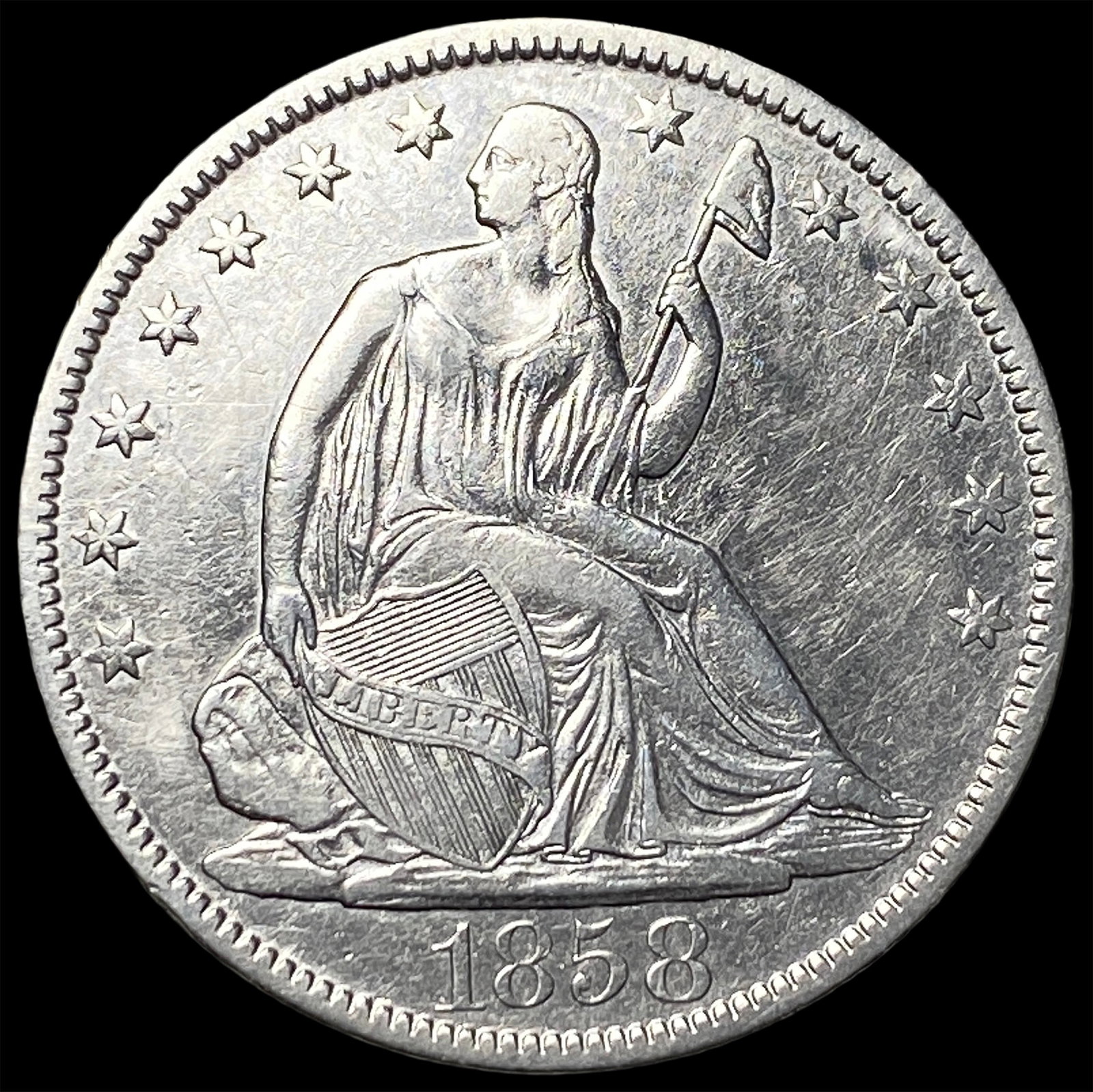 1858-O Silver Seated Liberty Half Dollar CLOSELY UNCIRCULATED (1 of 2)
