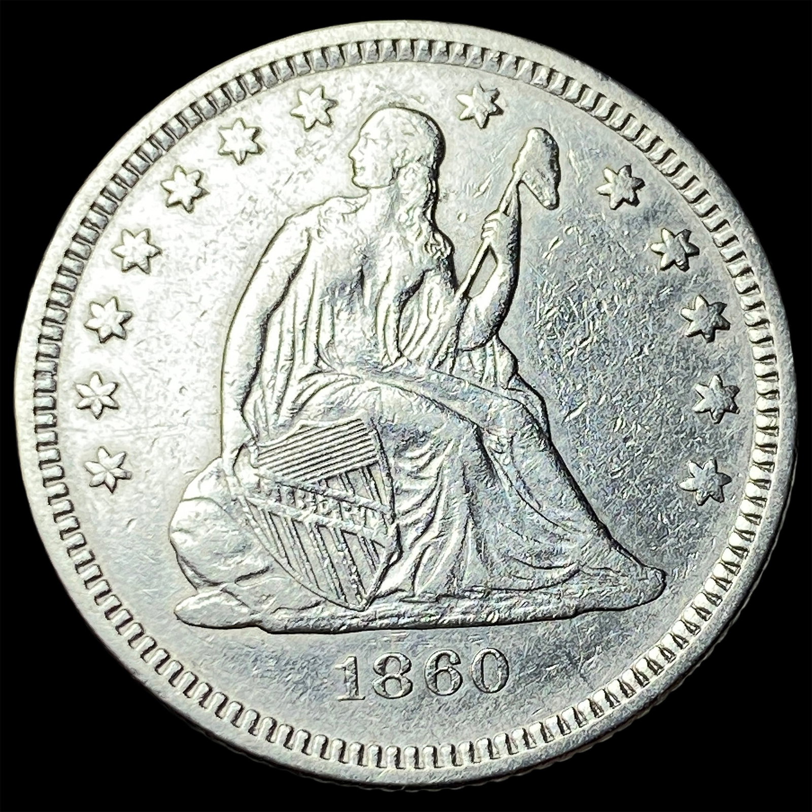 1860-O Silver Seated Liberty Quarter NEARLY UNCIRCULATED: 1860-O Silver Seated Liberty Quarter NEARLY UNCIRCULATED