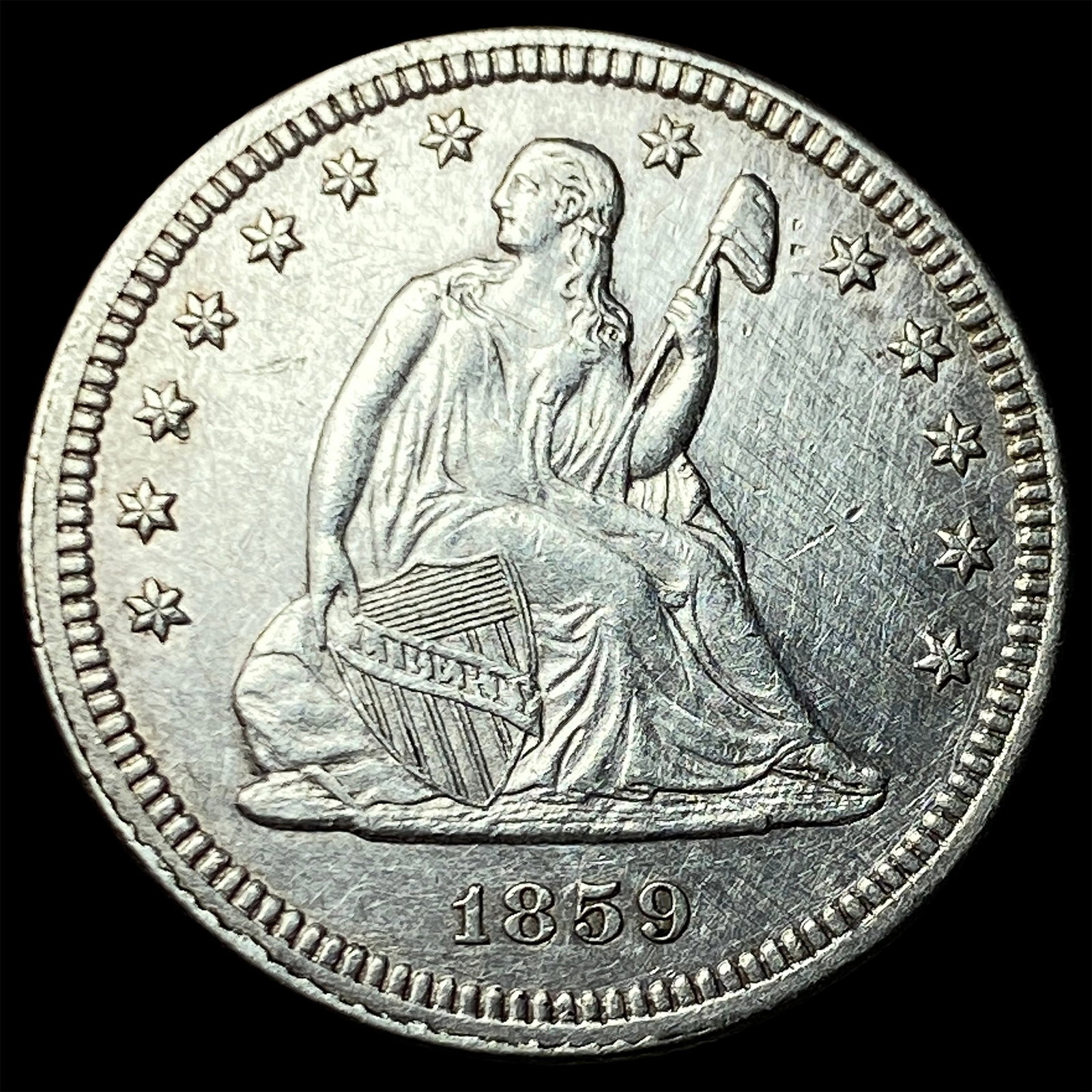 1859 Silver Seated Liberty Quarter CLOSELY UNCIRCULATED: 1859 Silver Seated Liberty Quarter CLOSELY UNCIRCULATED