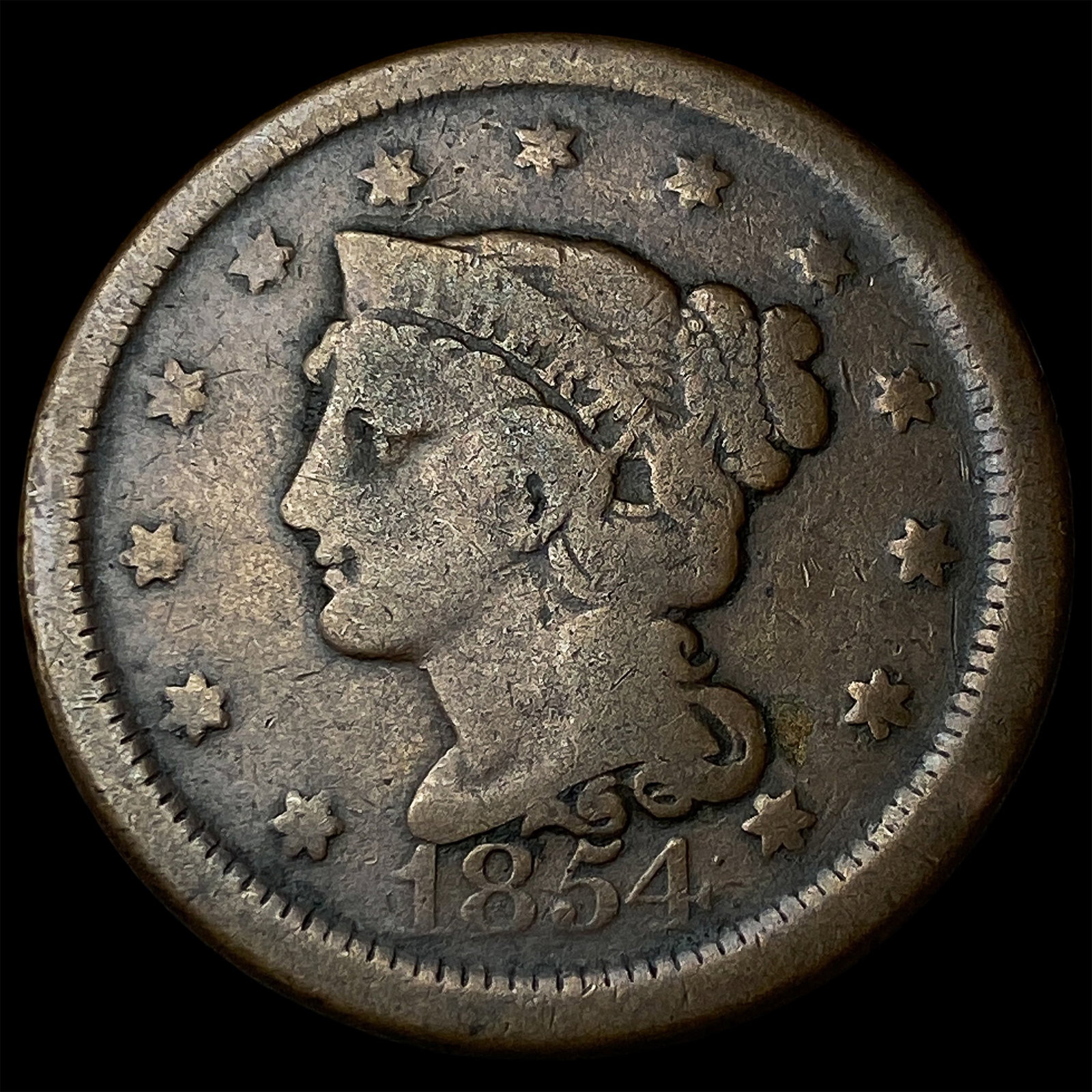 1854 Braided Hair Large Cent NICELY CIRCULATED: 1854 Braided Hair Large Cent NICELY CIRCULATED