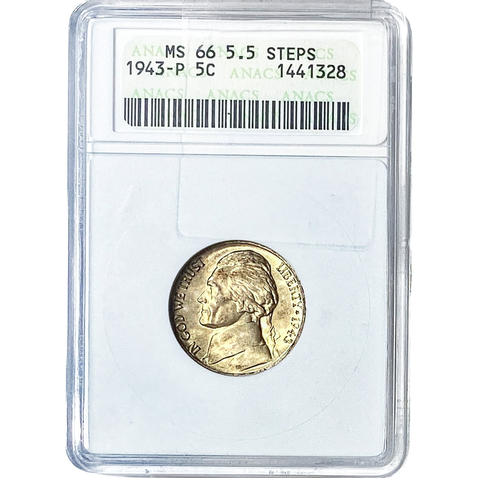 1943-P Jefferson Nickel ANACS MS66 5.5 Steps (1 of 2)