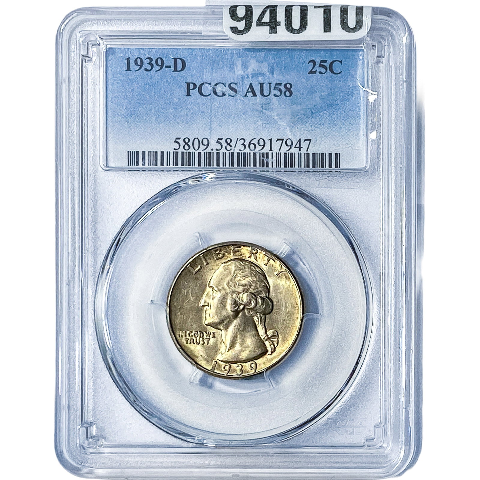 1939-D Washington Silver Quarter PCGS AU58: 1939-D Washington Silver Quarter PCGS AU58