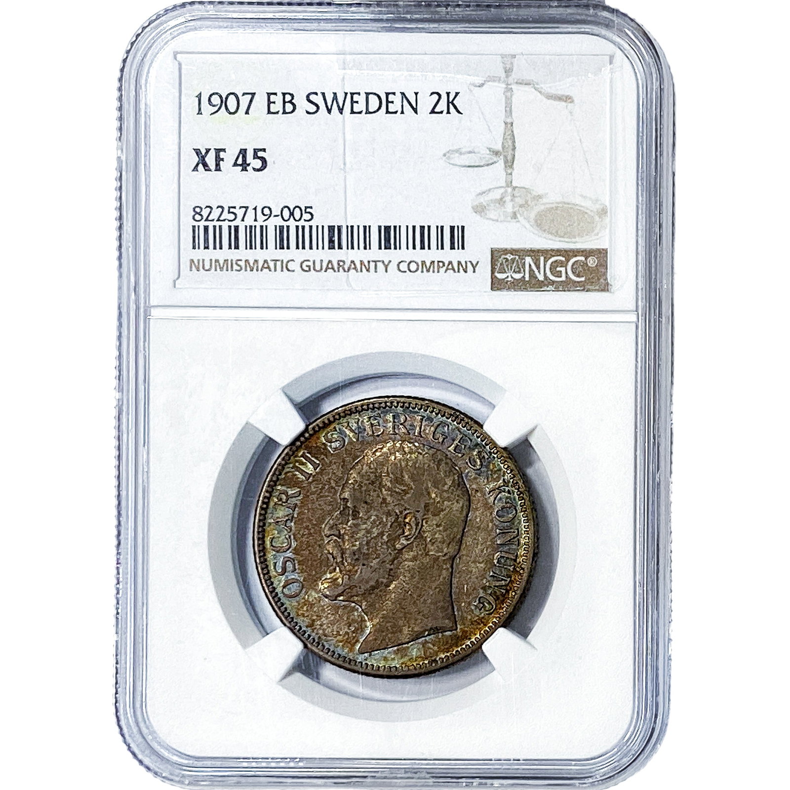 1907 EB Sweden SIlver 2 Kronor NGC XF45 (1 of 2)