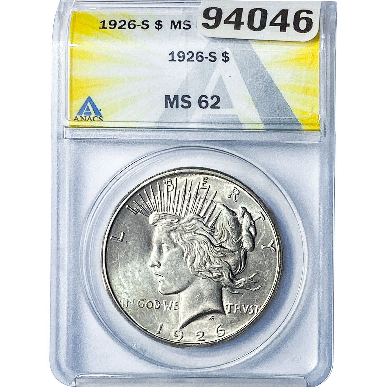 1926-S Silver Peace Dollar ANACS MS62: 1926-S Silver Peace Dollar ANACS MS62