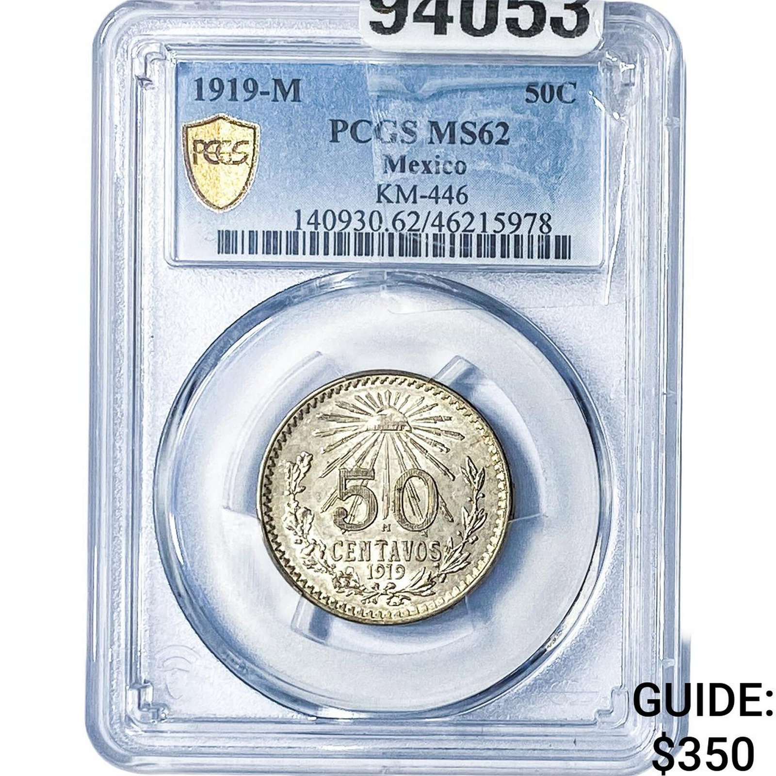 1919-M Mexico Silver 50 Centavos KM-446 PCGS MS62: 1919-M Mexico Silver 50 Centavos KM-446 PCGS MS62