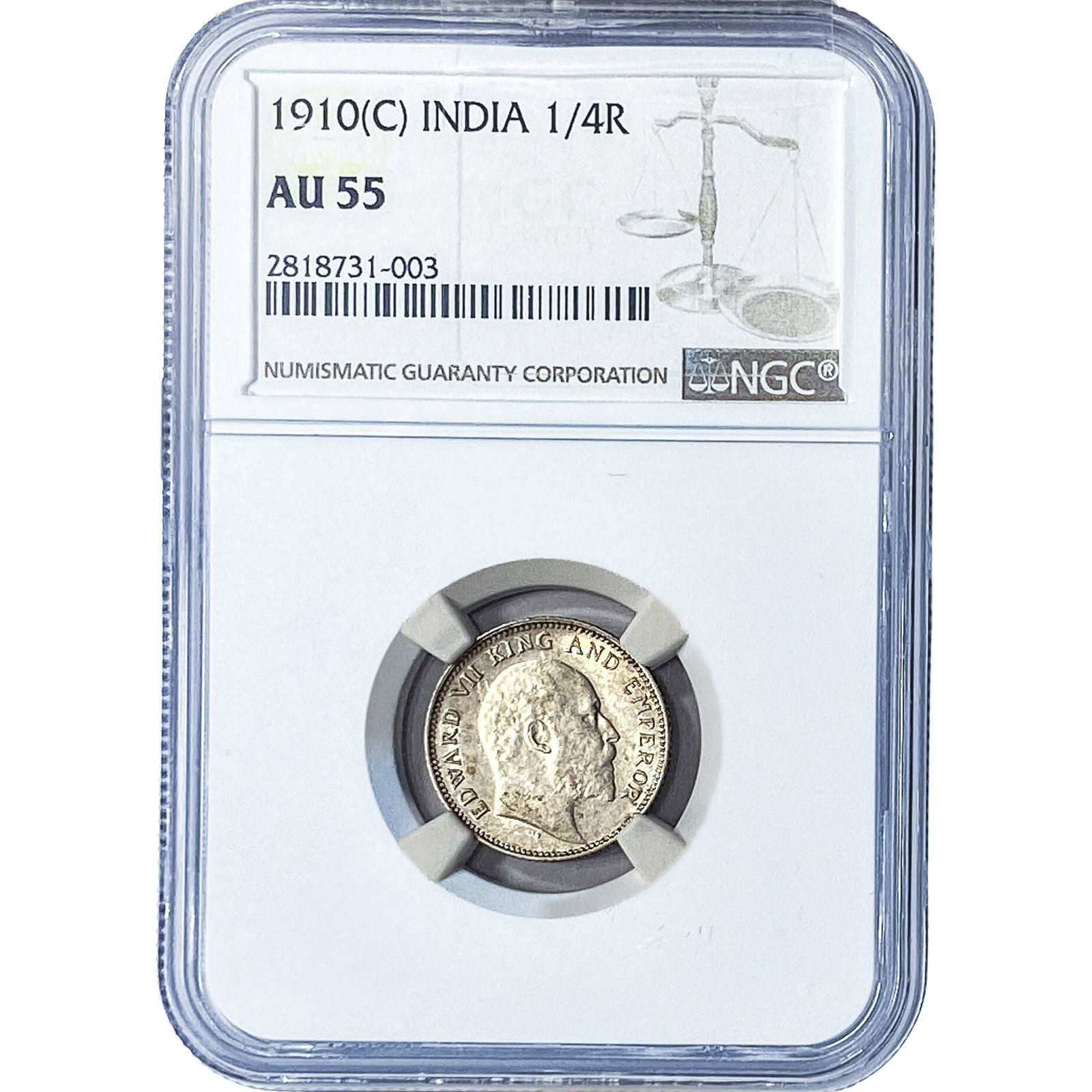 1910[C] British India Silver 1/4 Rupee NGC AU55: 1910[C] British India Silver 1/4 Rupee NGC AU55