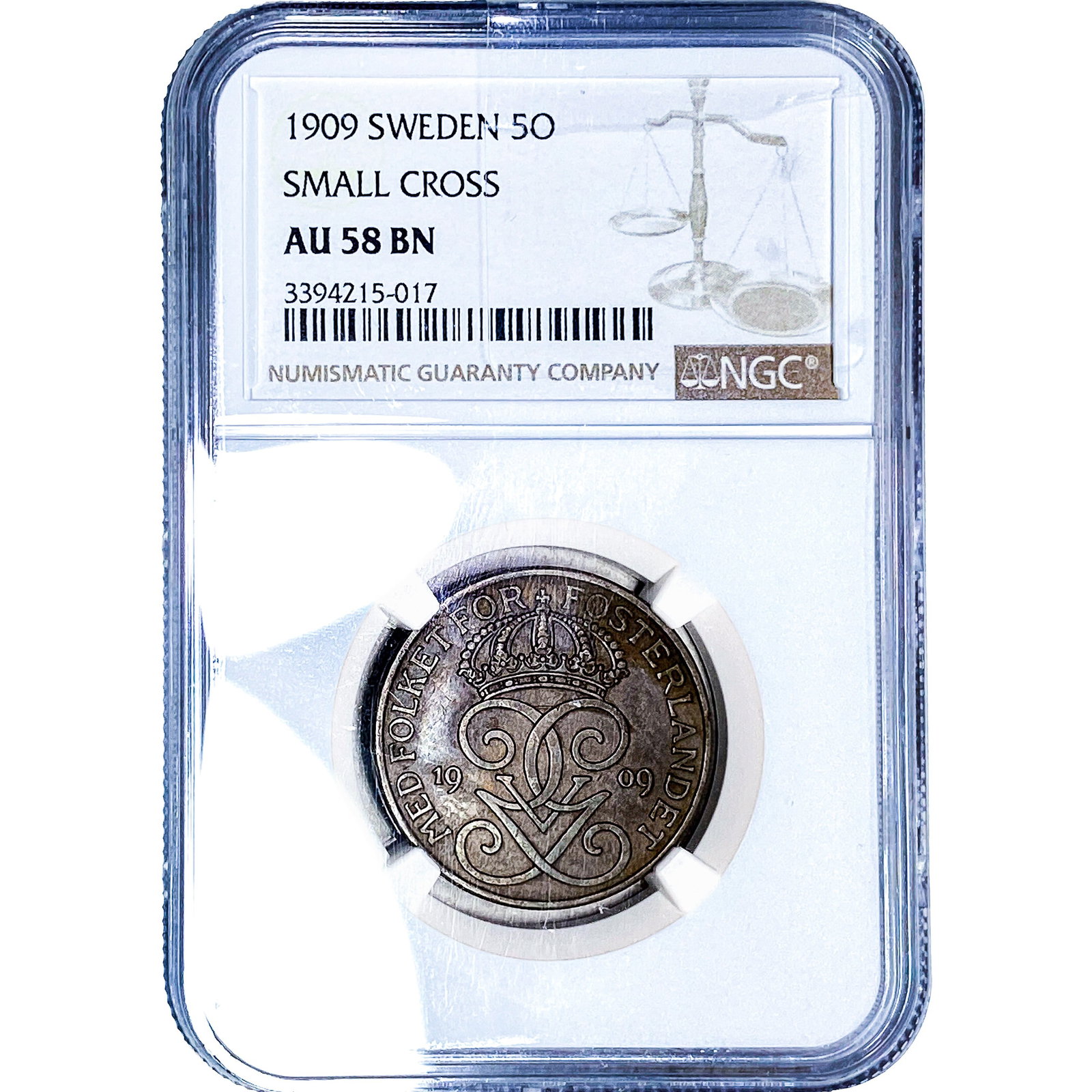 1909 Sweden Bronze 5 Ore Small Cross NGC AU58 BN (1 of 2)