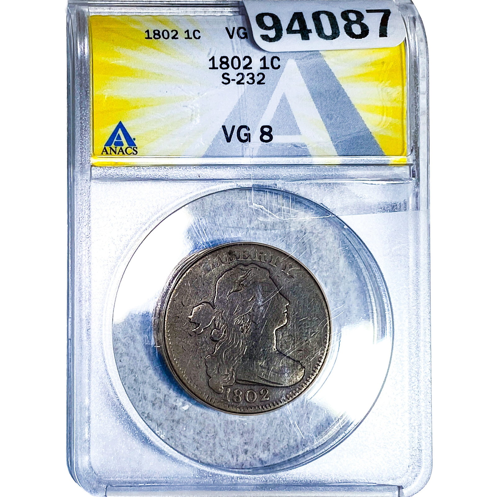 1802 Draped Bust Large Cent ANACS VG8 S-232: 1802 Draped Bust Large Cent ANACS VG8 S-232