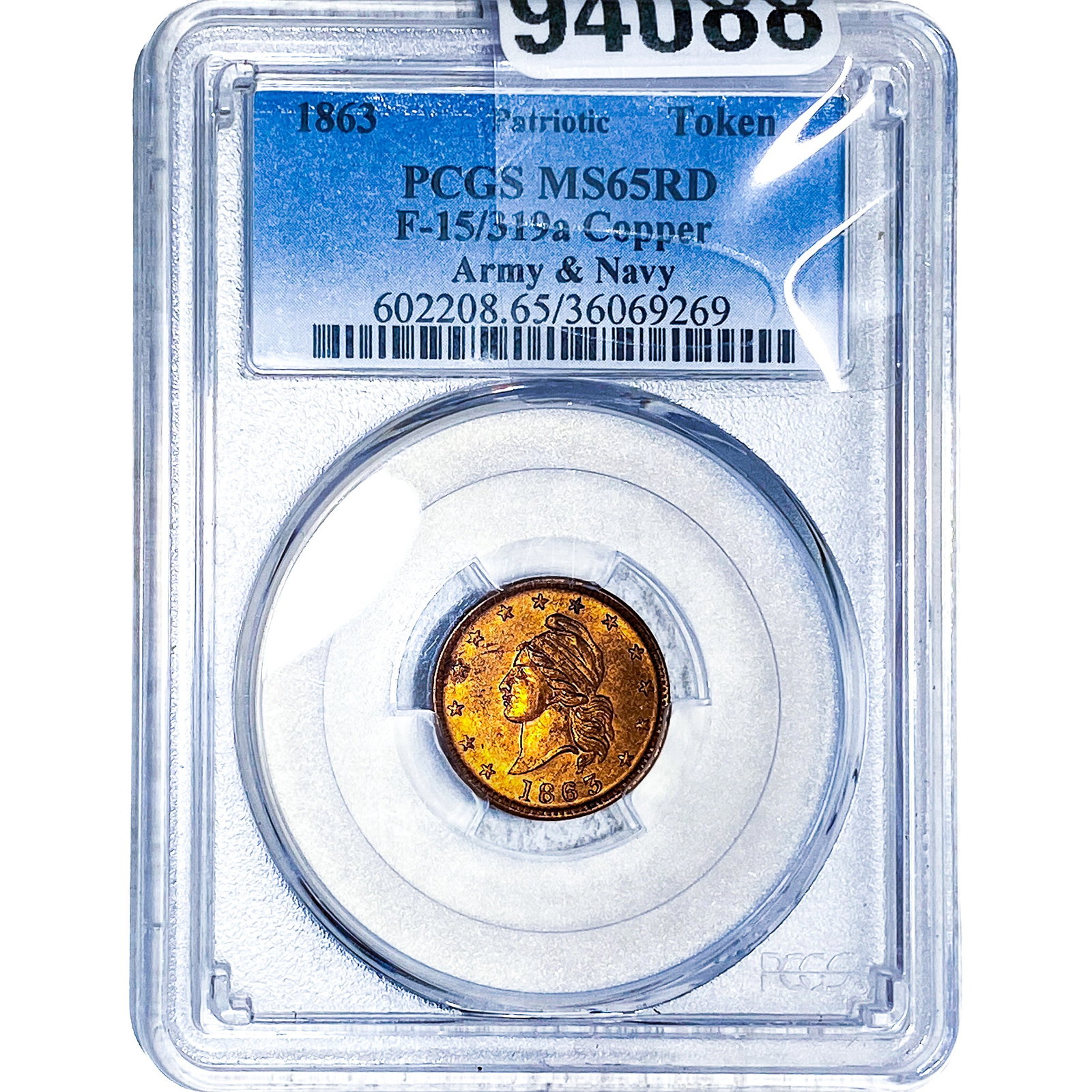 1863 Patriotic Army&Navy Copper Token PCGS MS65 RD: 1863 Patriotic Army&Navy Copper Token PCGS MS65 RD