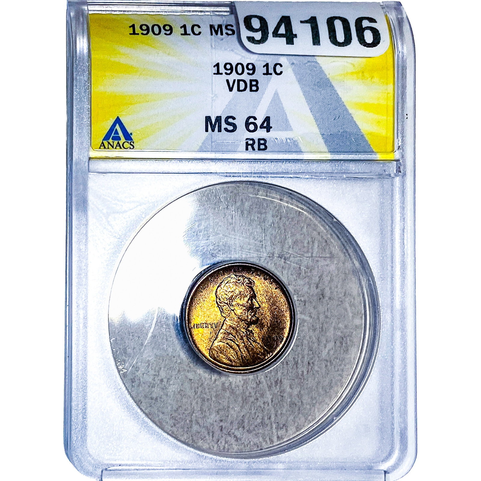1909 VDB Wheat Cent ANACS MS64 RB: 1909 VDB Wheat Cent ANACS MS64 RB