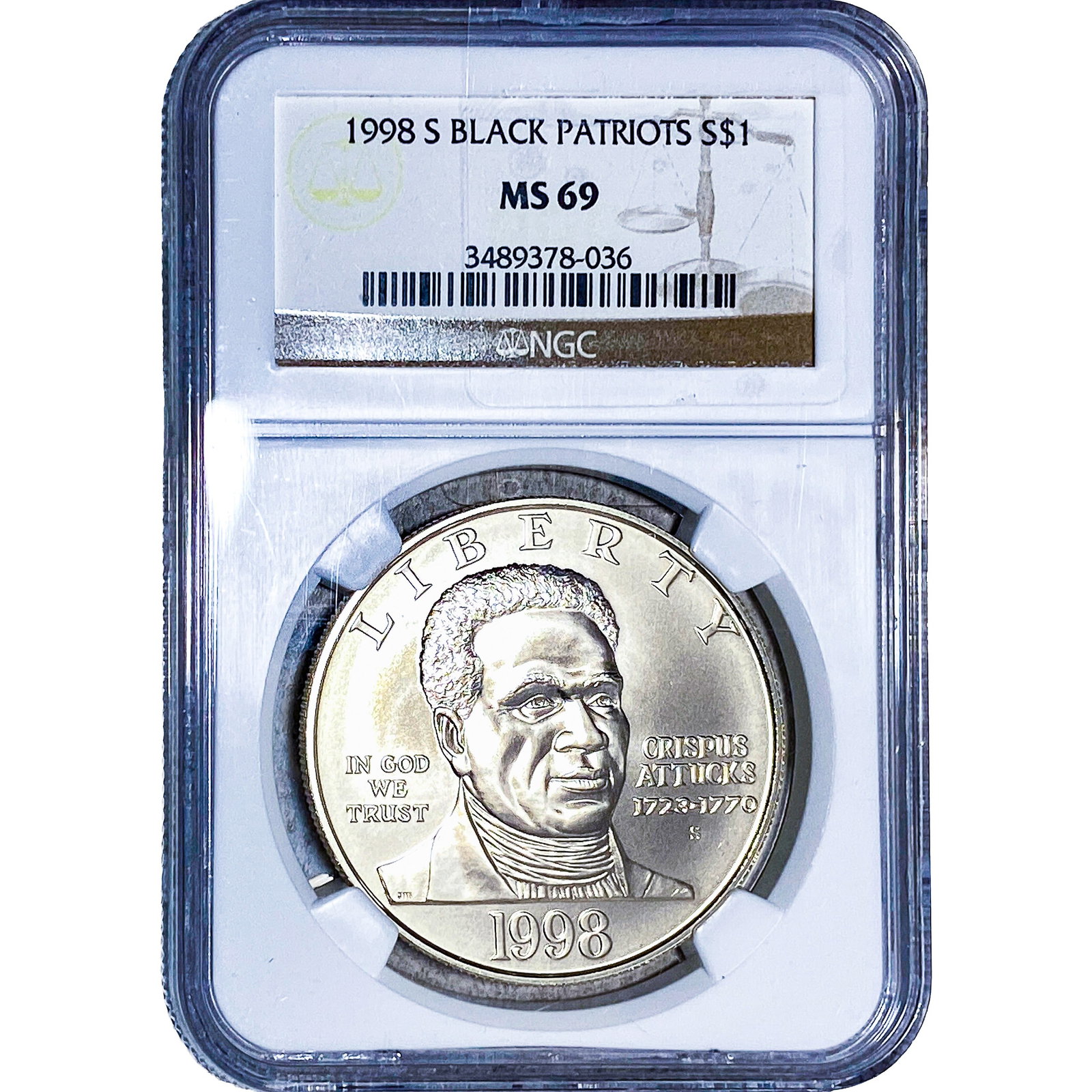 1998-S Black Patriots Silver Dollar NGC MS69: 1998-S Black Patriots Silver Dollar NGC MS69