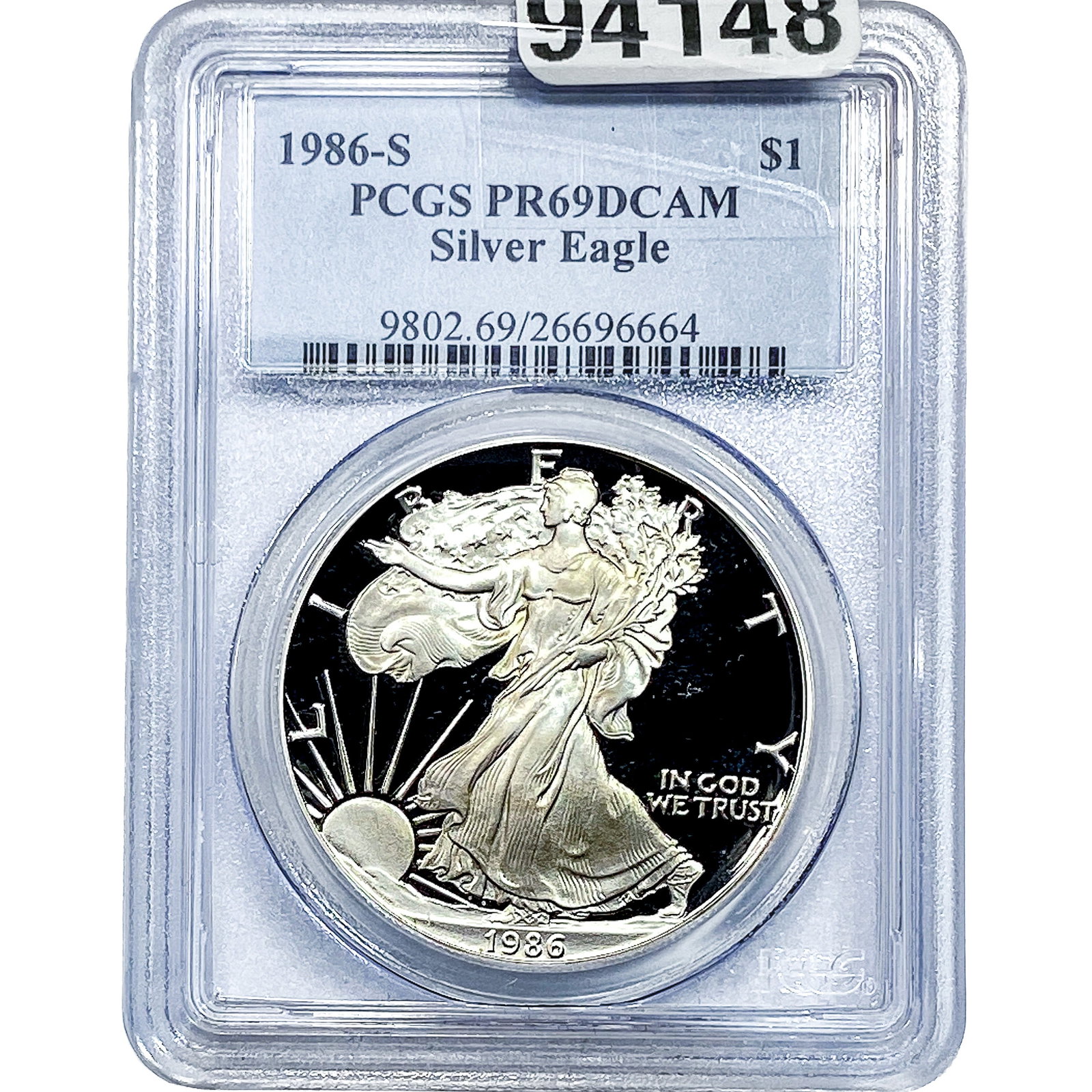 1986-S Silver Eagle PCGS PR69 DCAM: 1986-S Silver Eagle PCGS PR69 DCAM